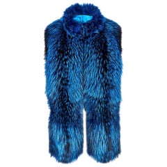 Verheyen London Nehru Collar Stole in Lapis Blue Fox Fur & Silk Lining - New 