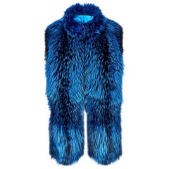 Verheyen London Nehru Collar Stole in Lapis Blue Fox Fur & Silk Lining - New 