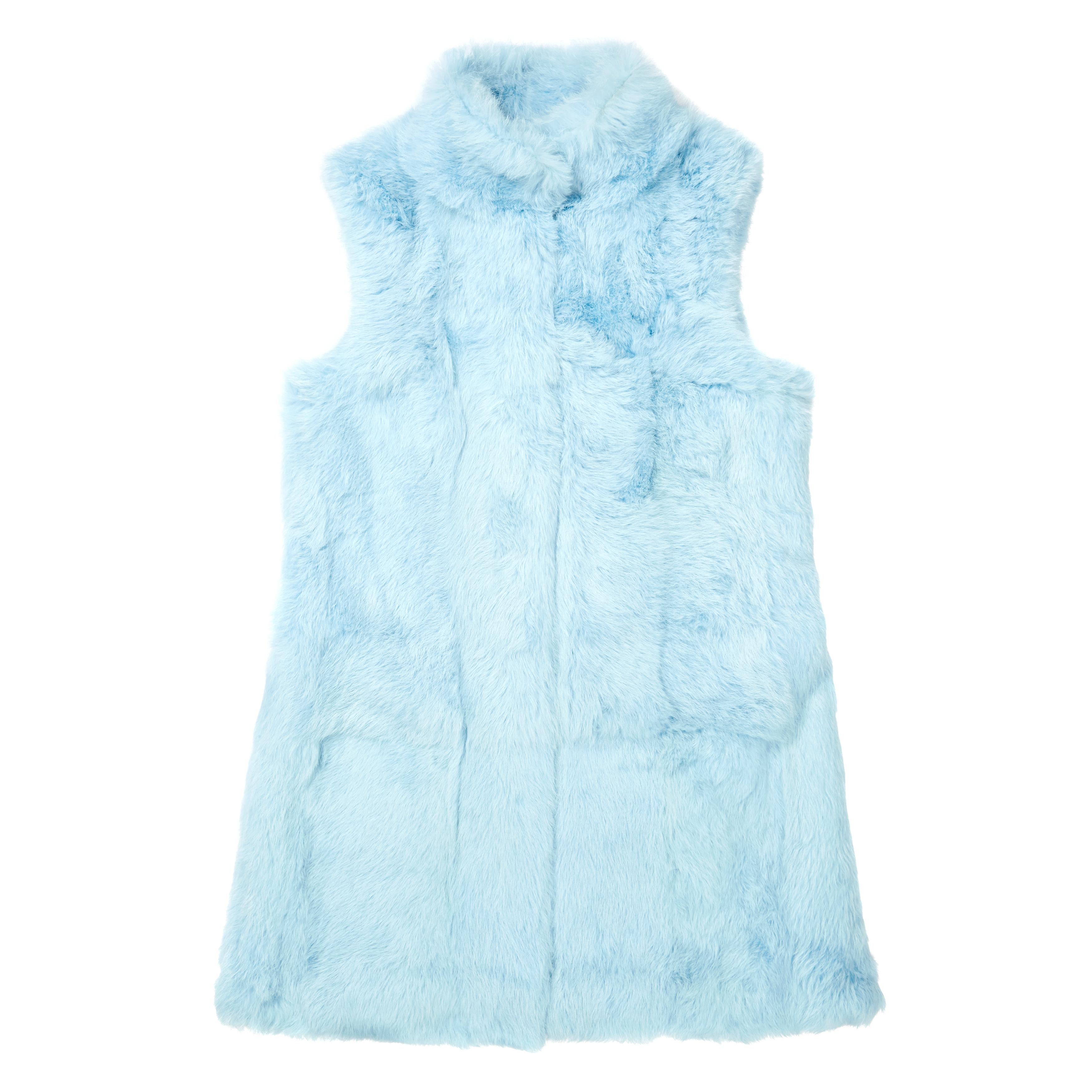Women's Verheyen London Nehru Gilet in Rabbit Fur in Iced Blue Topaz - Size UK 8-12 For Sale
