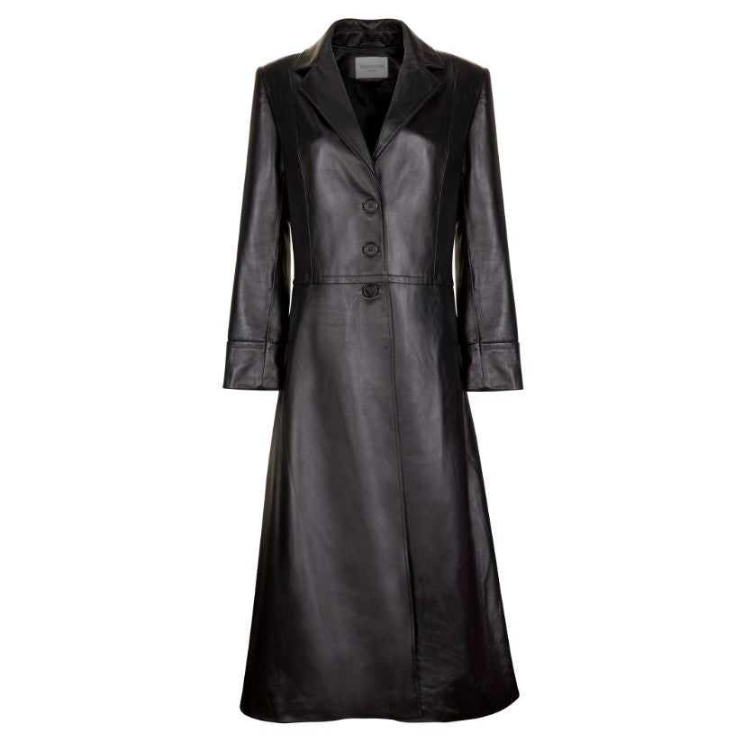 Verheyen London Oversize 70er Jahre Leder-Trenchcoat in Schwarz, Größe 10