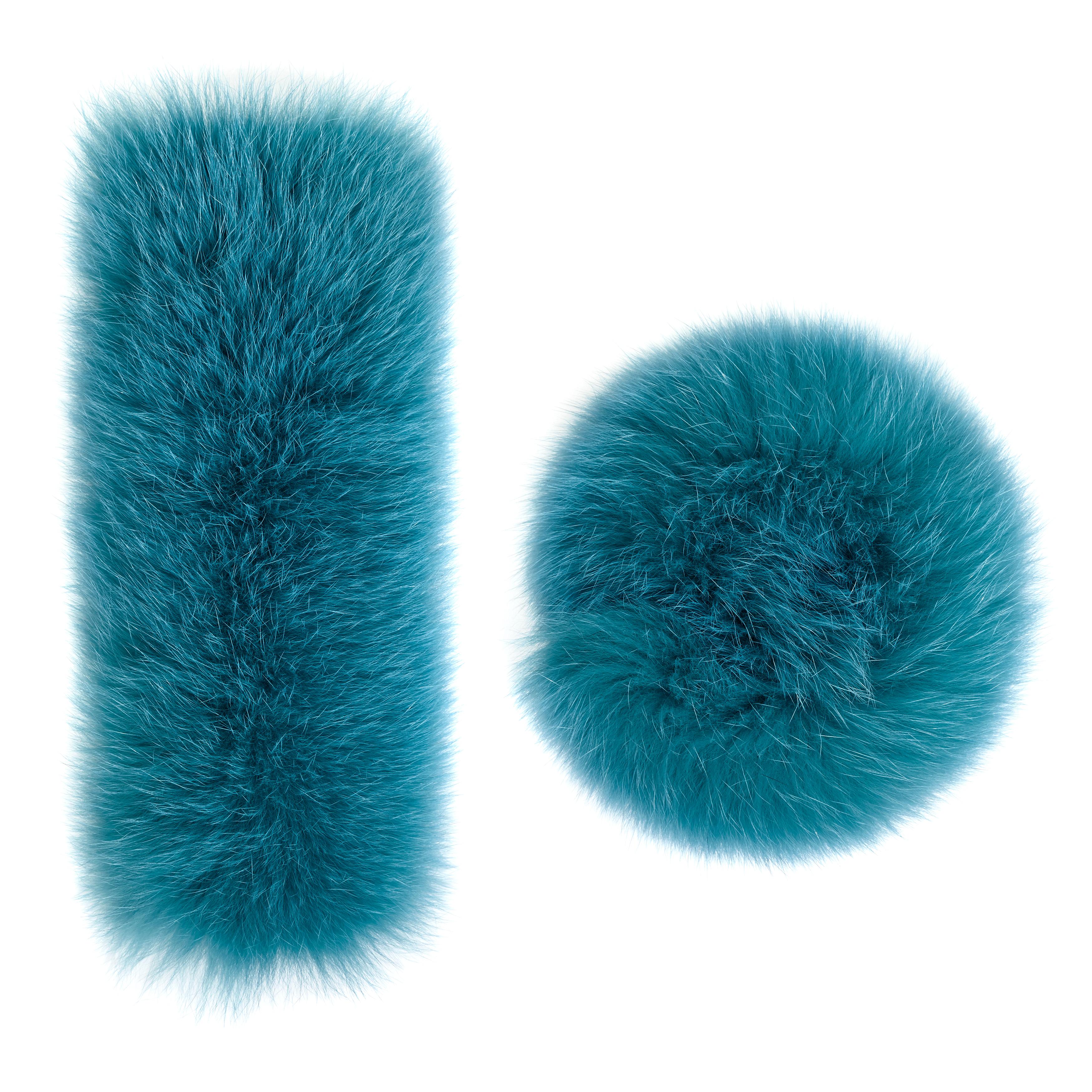 Women's or Men's Verheyen London Pair of Snap on Fox Fur Cuffs in Turquoise (Small size) 