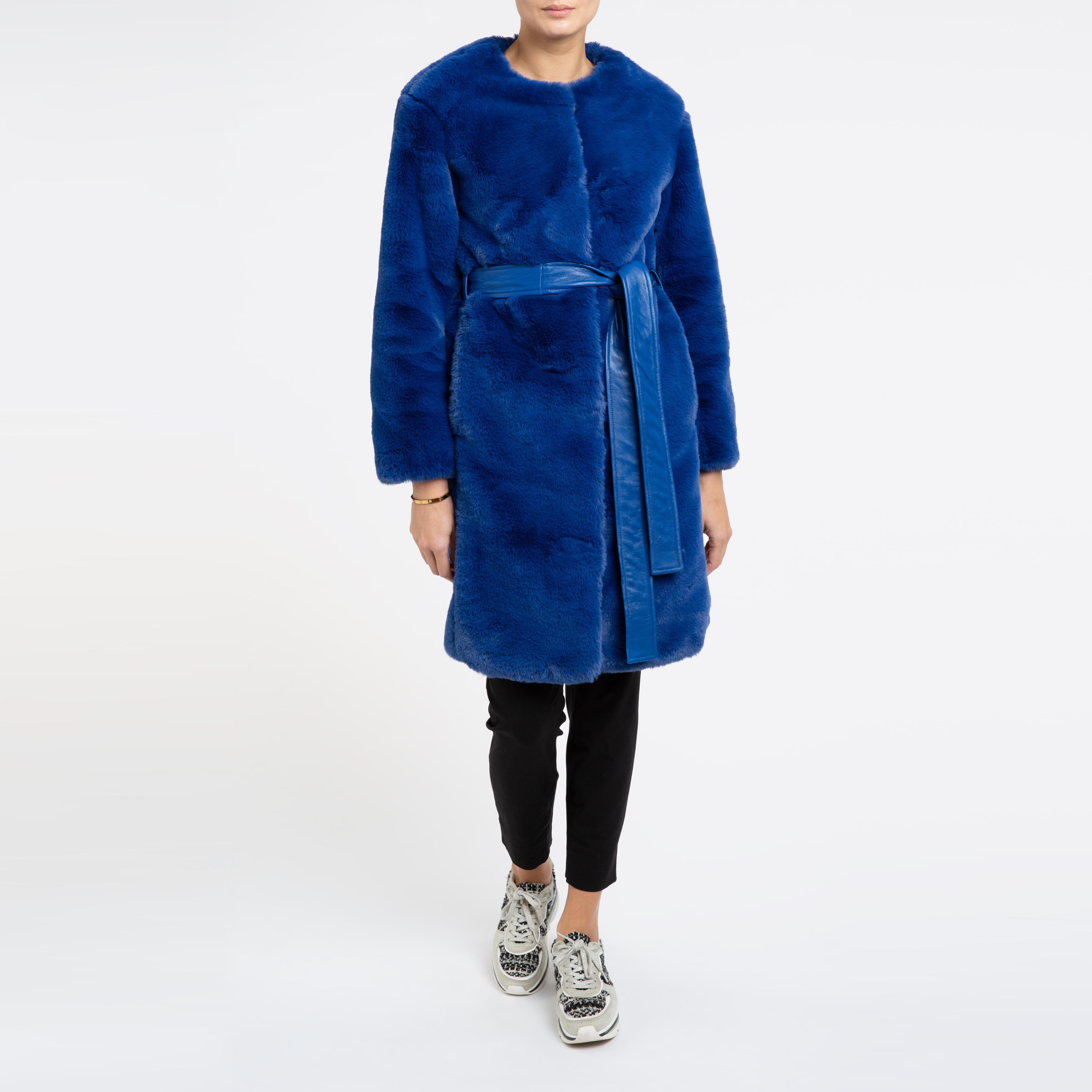 Verheyen London Serena  Collarless Faux Fur Coat in Blue - Size uk 10 For Sale 2