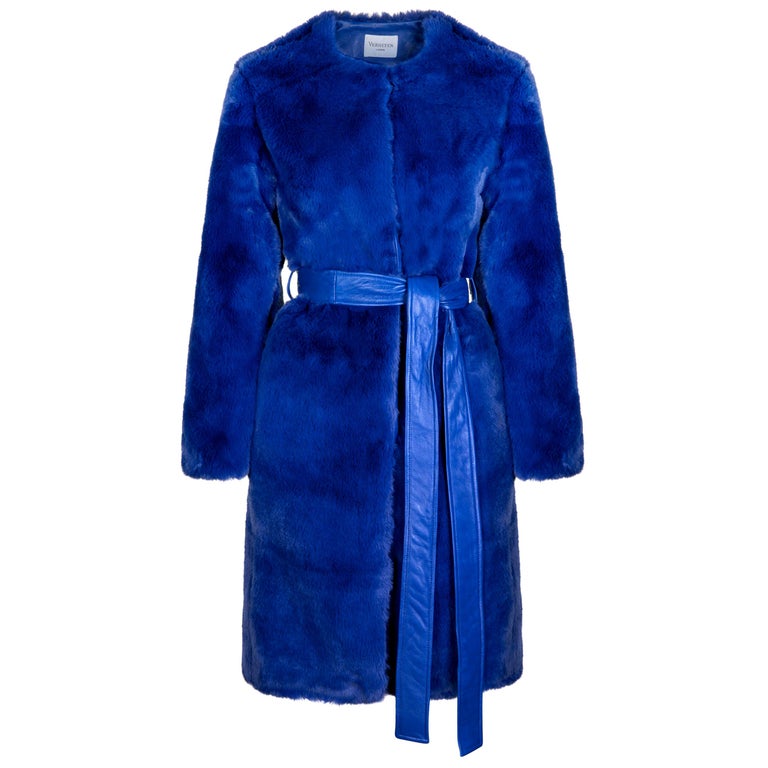 Verheyen London Serena Collarless Faux Fur Coat in Blue - Size uk 10 ...