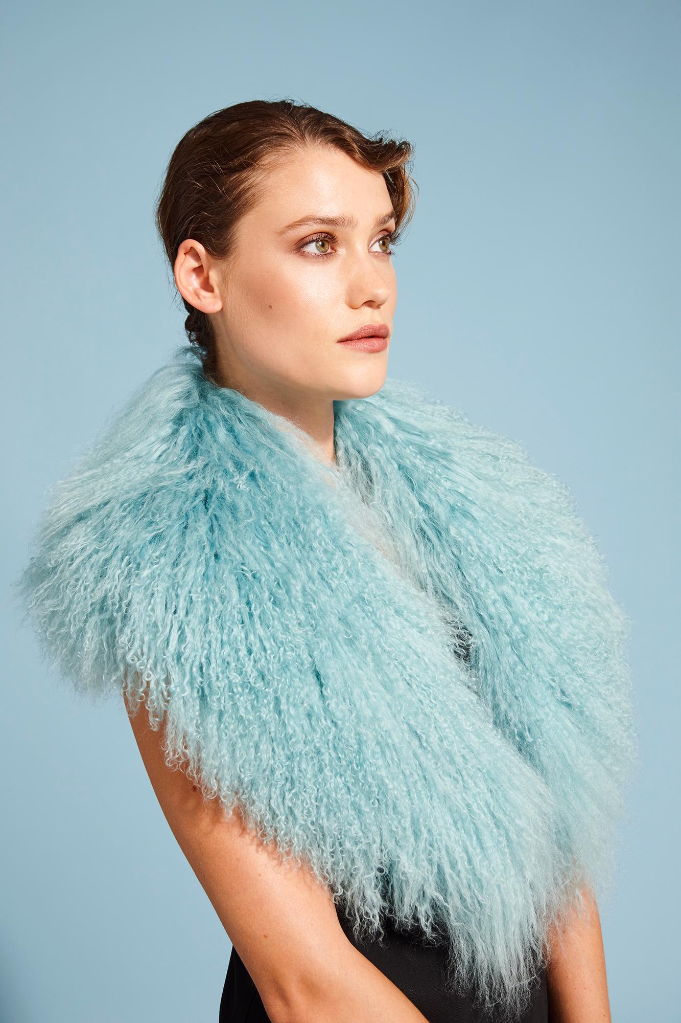 Verheyen London Shawl Collar in Aquamarine Blue Mongolian Lamb Fur  - Brand New 

The Shawl Collar is Verheyen London’s casual everyday design, which is perfectly shaped to wear over any outfit.  Designed for layering, this structured shape, crafted