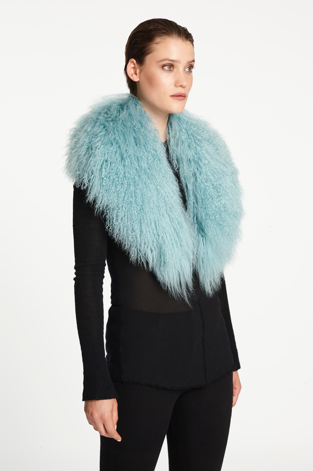 Verheyen London Shawl Collar in Aquamarine Blue Mongolian Lamb Fur  - Brand New  1