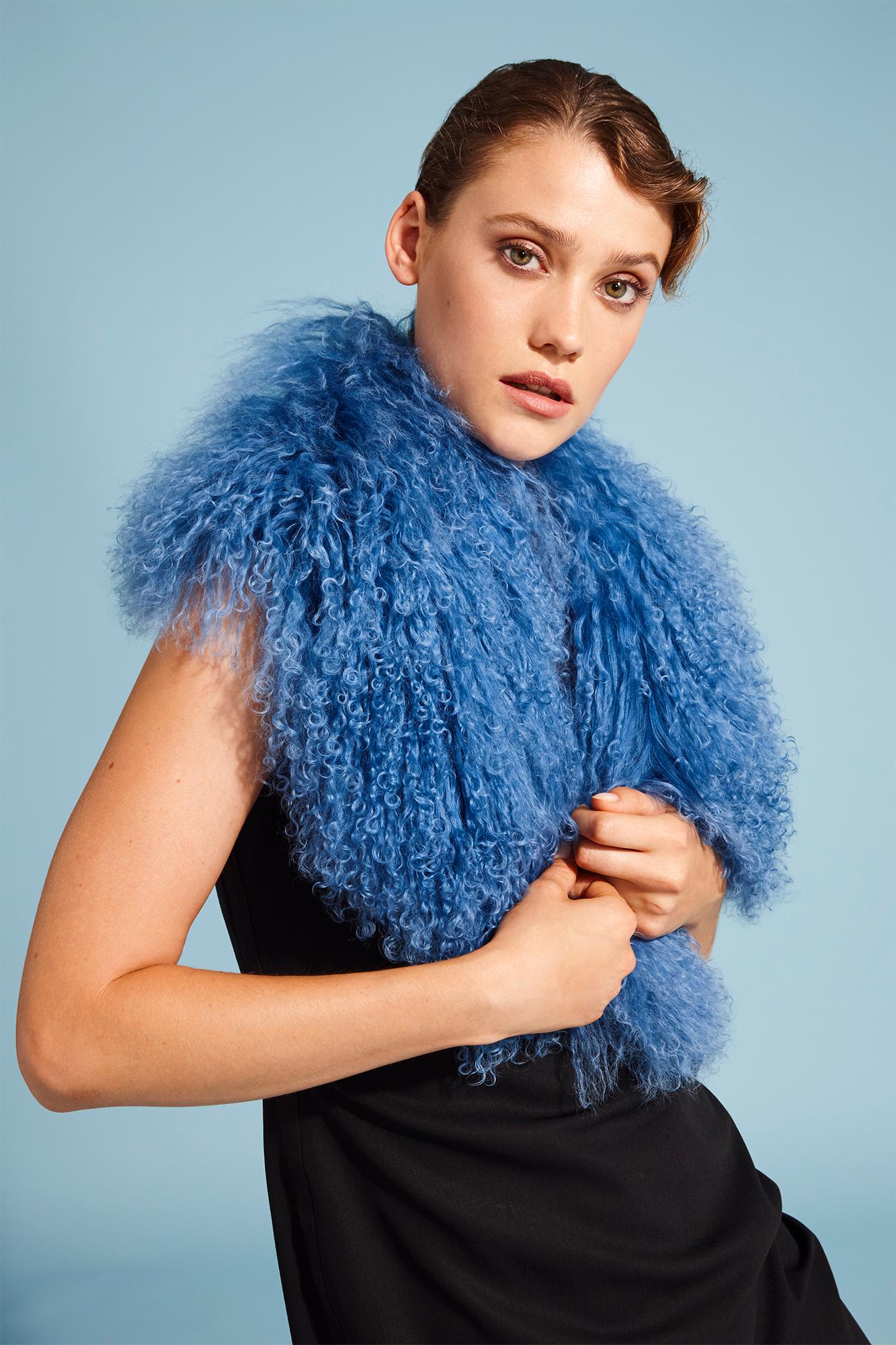 Women's or Men's Verheyen London Shawl Collar in Blue Topaz Mongolian Lamb Fur lined in silk  