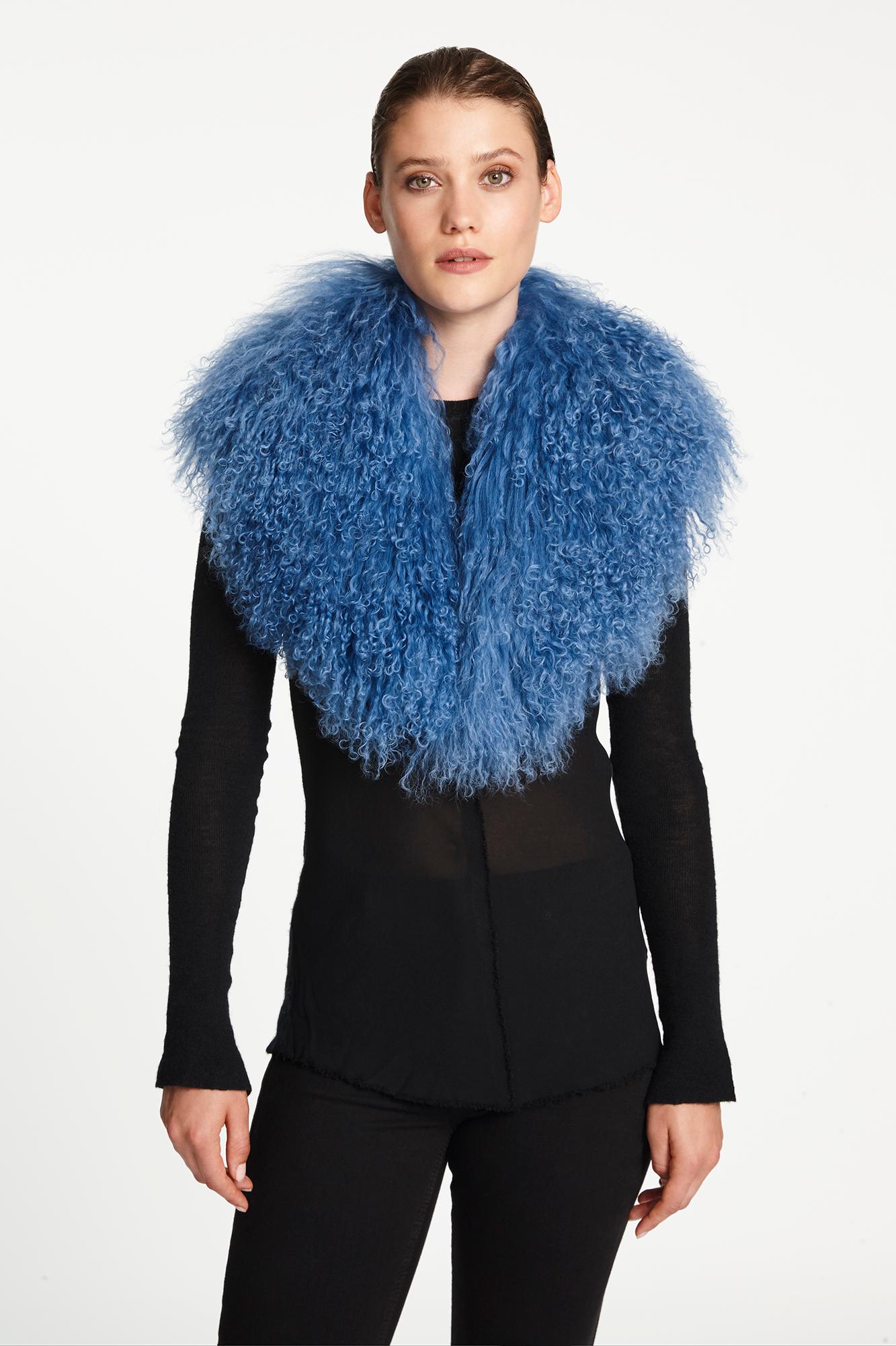 Verheyen London Shawl Collar in Blue Topaz Mongolian Lamb Fur lined in silk   1