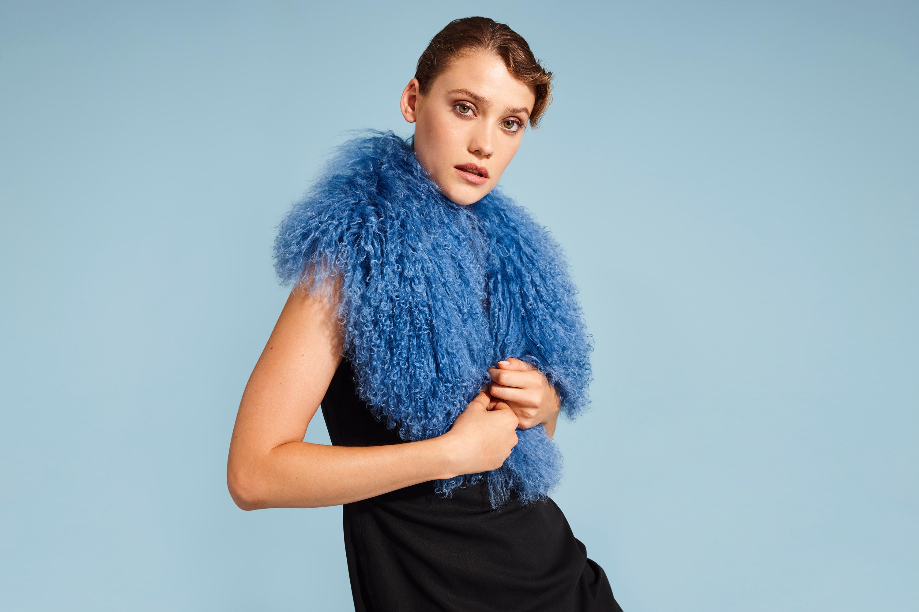Verheyen London Shawl Collar in Blue Topaz Mongolian Lamb Fur lined in silk new

The Shawl Collar is Verheyen London’s casual everyday design, which is perfectly shaped to wear over any outfit.  Designed for layering, this structured shape, crafted