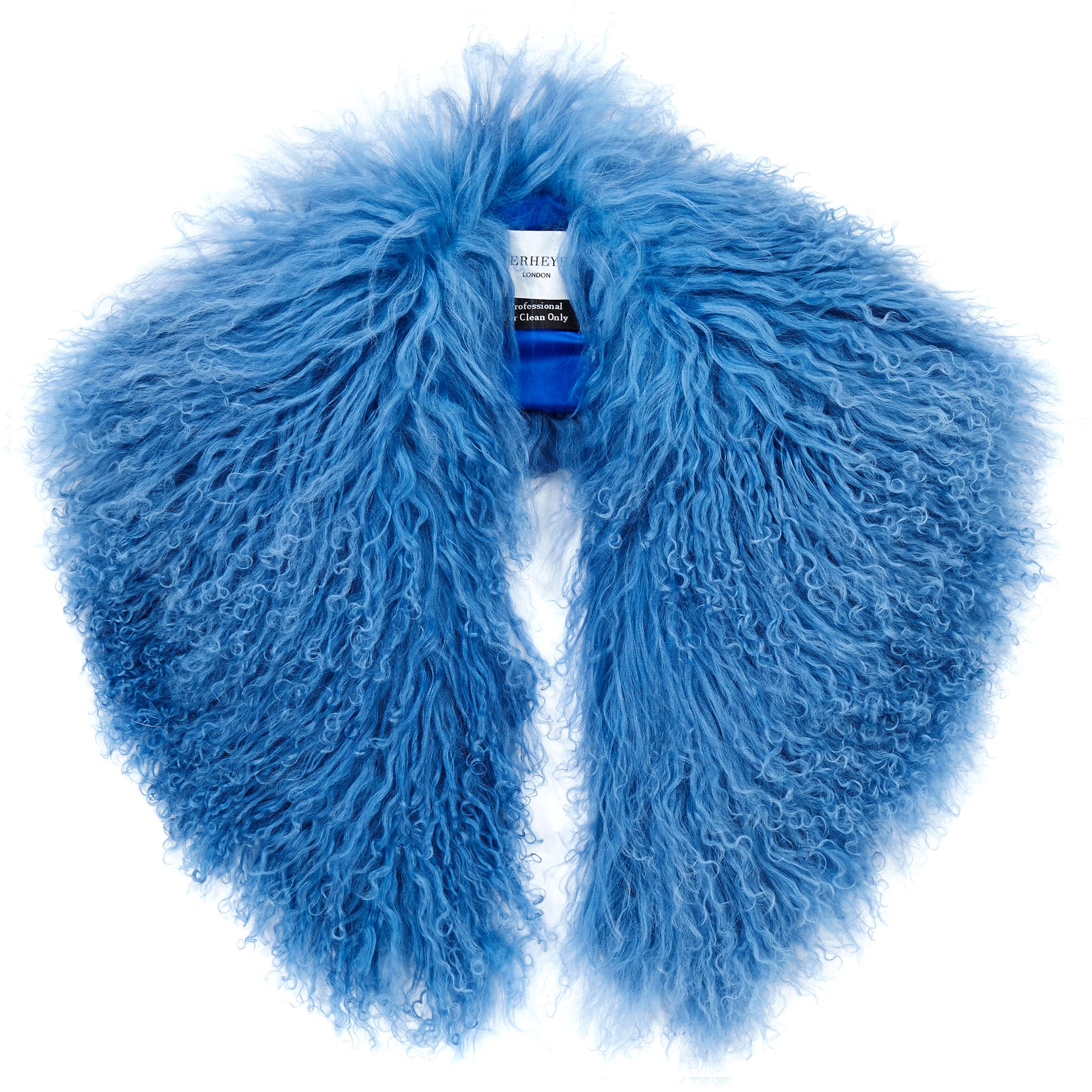 Verheyen London Shawl Collar in Blue Topaz Mongolian Lamb Fur lined in silk new 