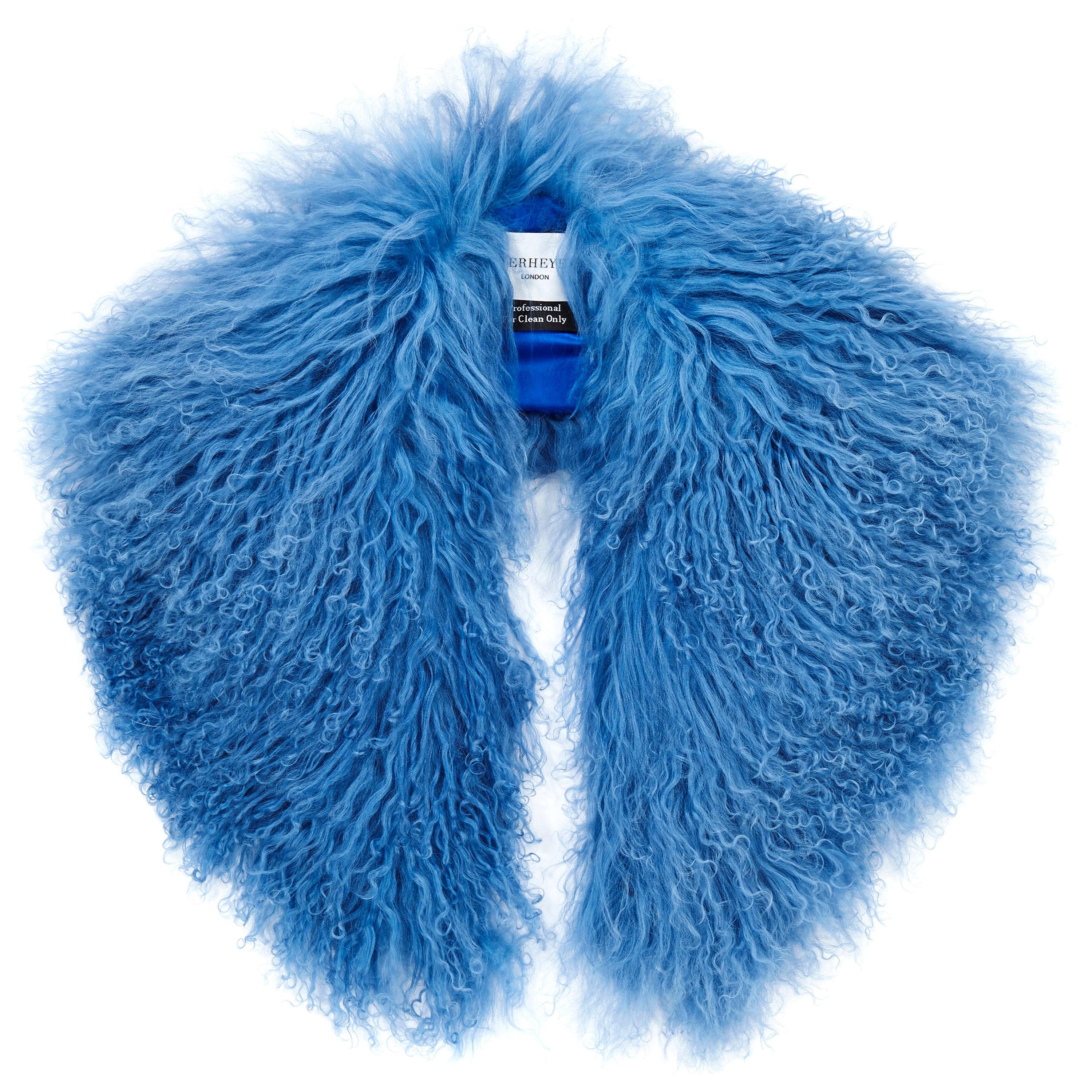 Verheyen London Shawl Collar in Blue Topaz Mongolian Lamb Fur lined in silk new