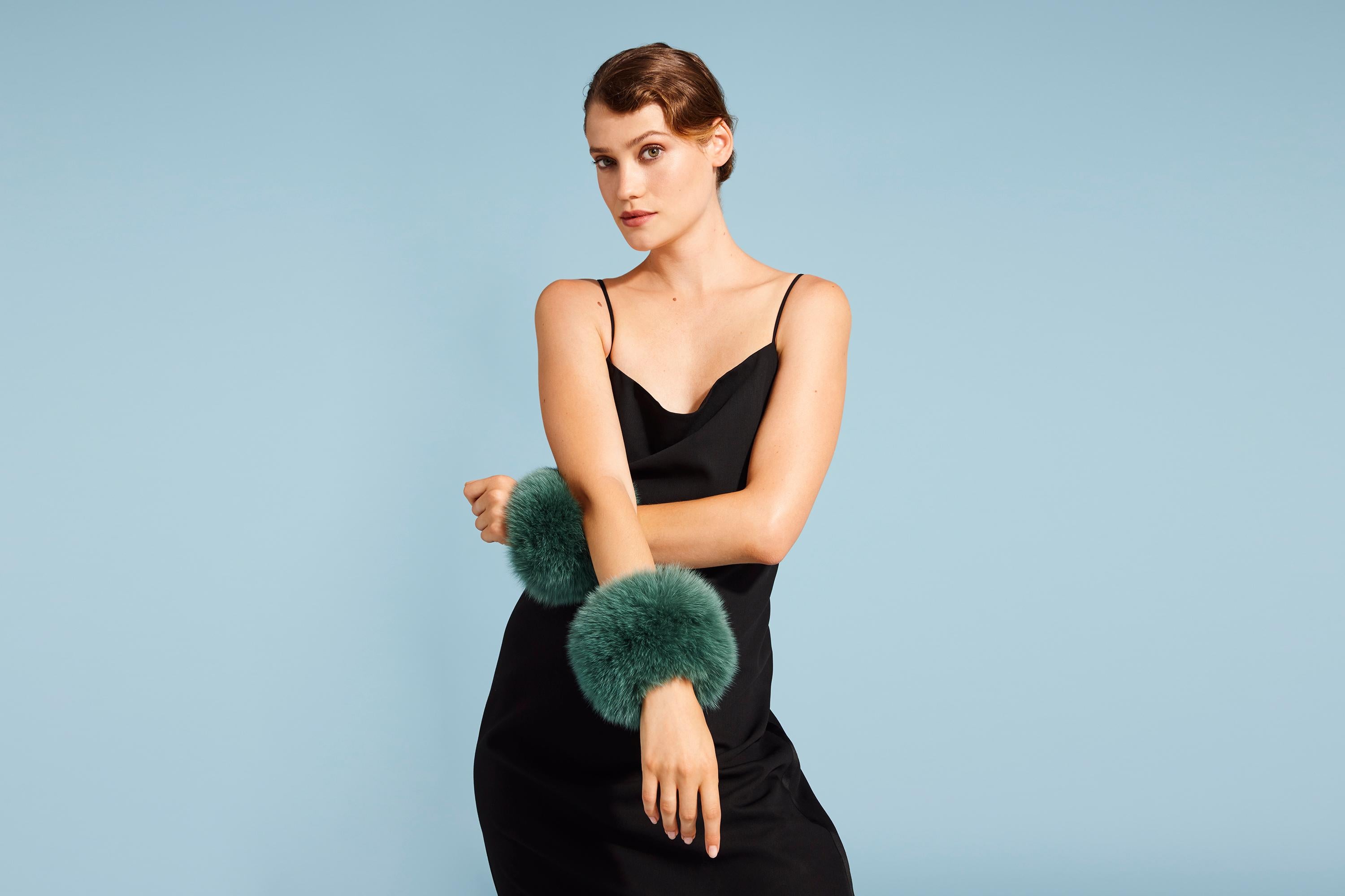 Verheyen London Snap on Jade Green Fox Fur Cuffs  - Brand New  2