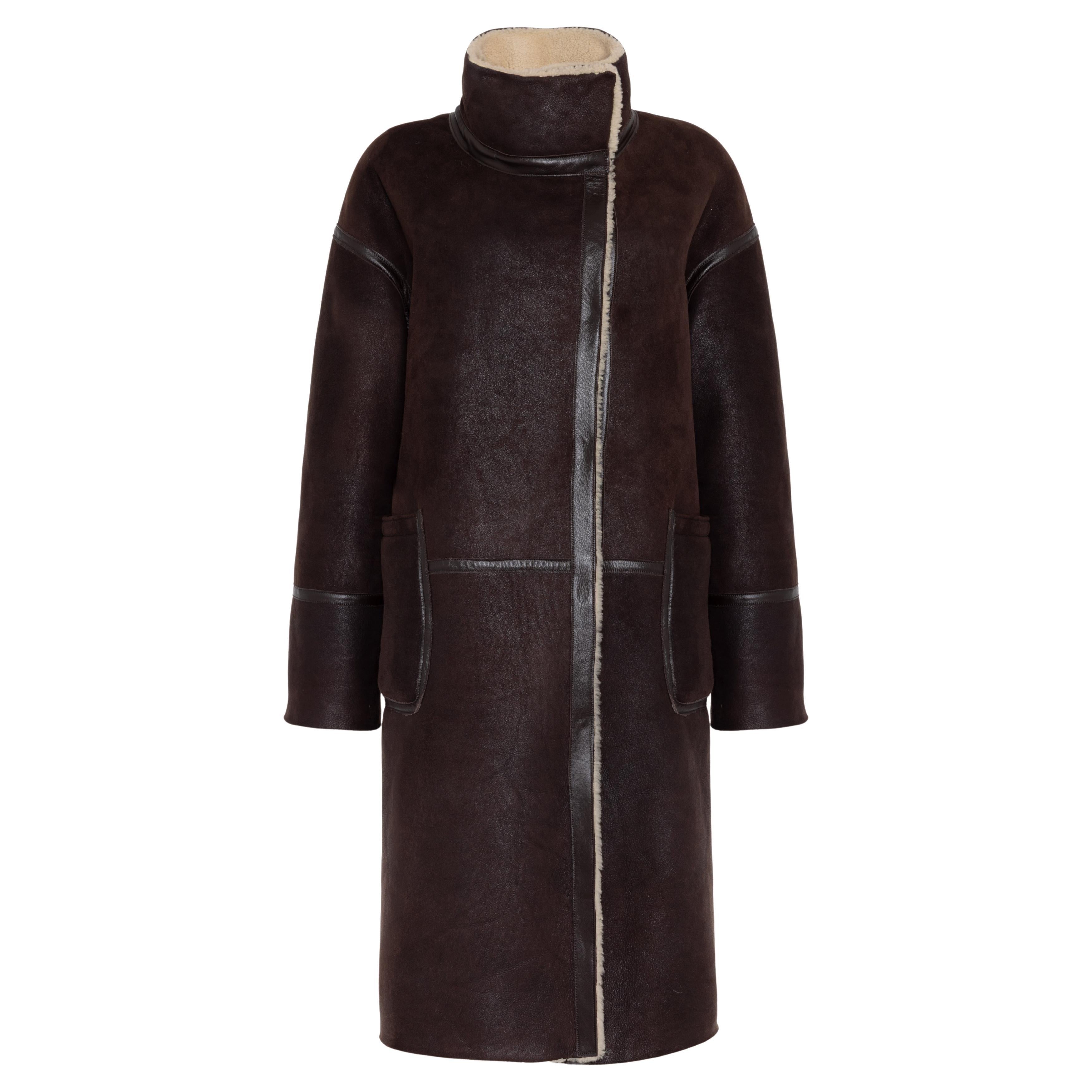 Verheyen Cappotto reversibile a collo alto Biker Shearling Crema e Marrone taglia media in vendita