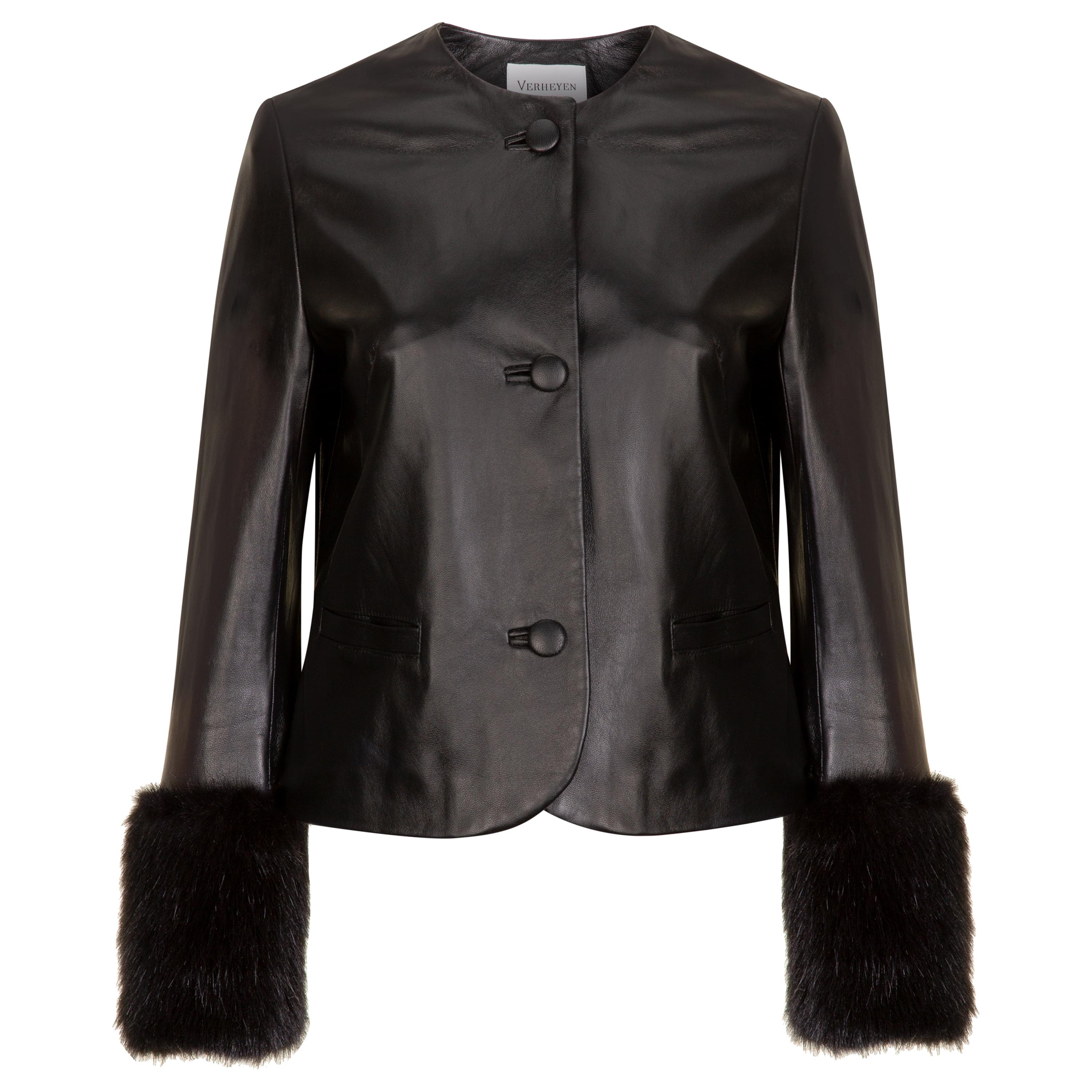 Verheyen Vita Cropped Jacket in Black Leather with Faux Fur - Size uk 10 For Sale