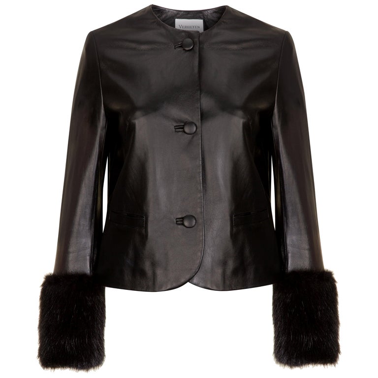 Verheyen Vita Cropped Jacket in Black Leather with Faux Fur - Size uk 12 For Sale