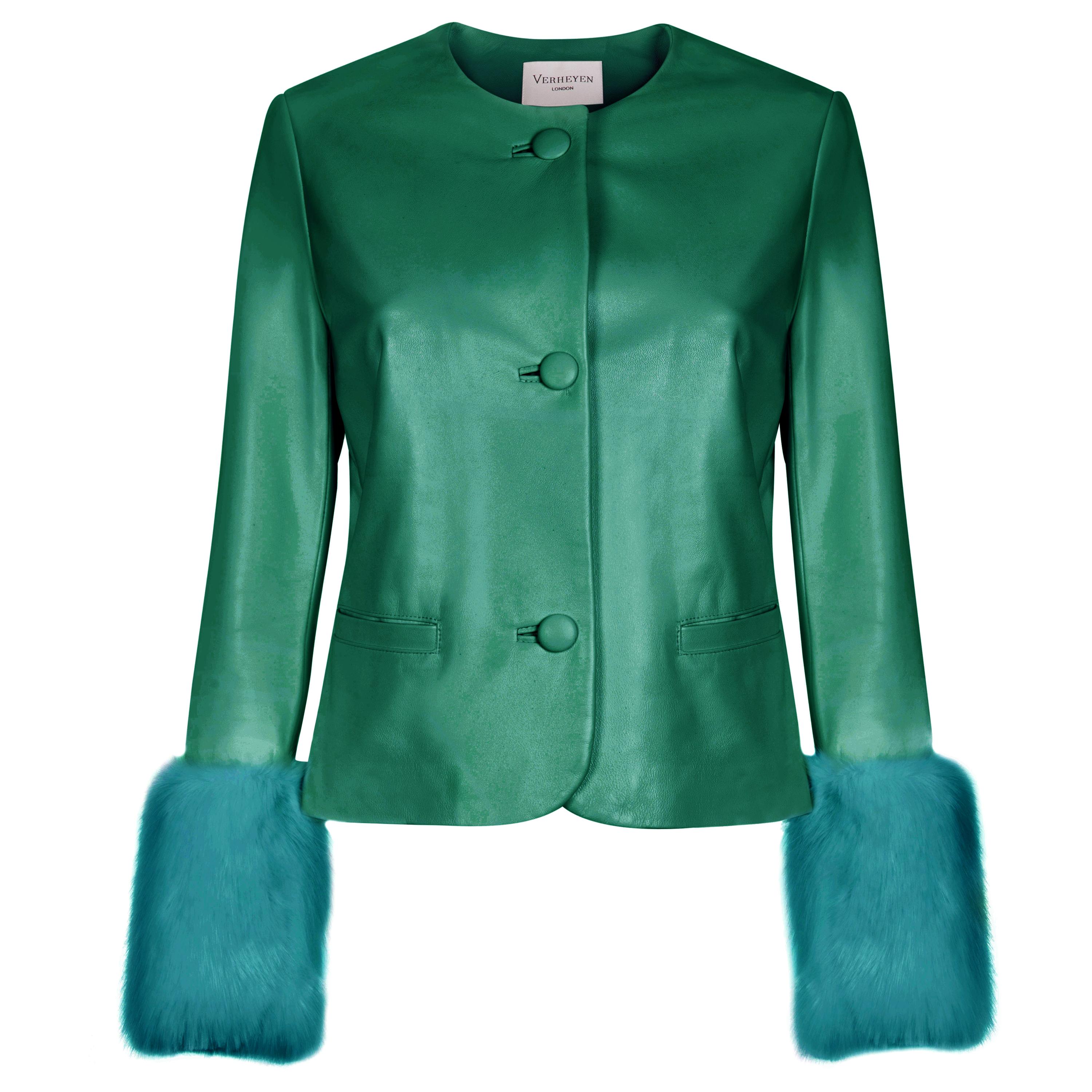 Verheyen Vita Cropped Jacket in Emerald Green Leather with Faux Fur - Size uk 10 For Sale