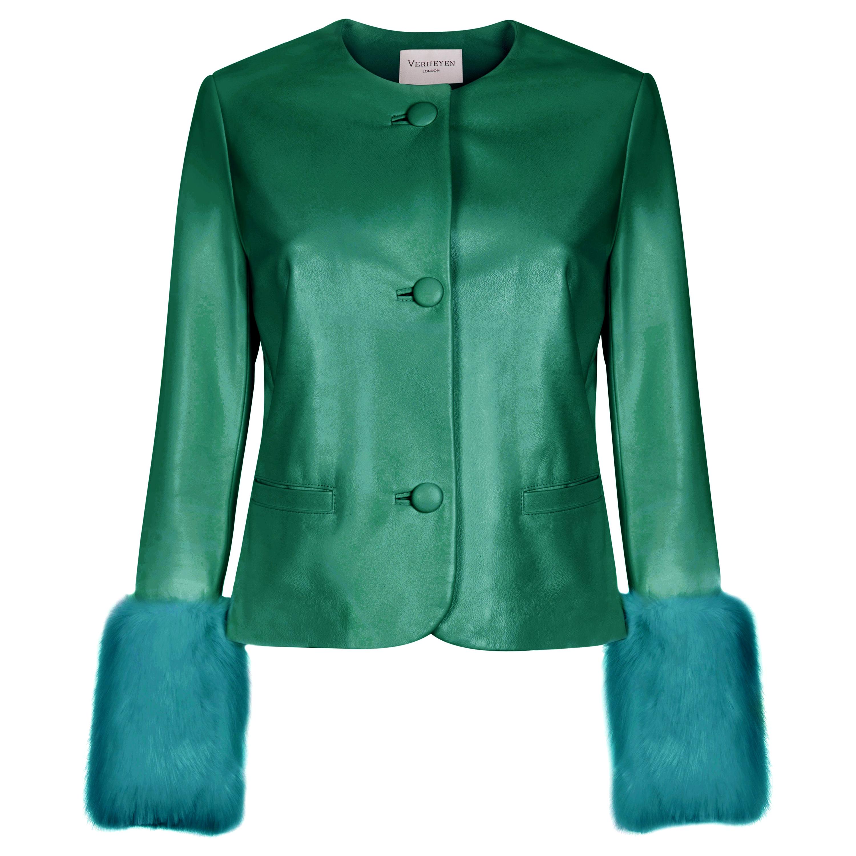 Verheyen Vita Cropped Jacke aus smaragdgrünem Leder und Kunstpelz - Größe Uk 8