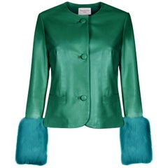 Verheyen Vita Cropped Jacket in Emerald Green Leather with Faux Fur - Size uk 12