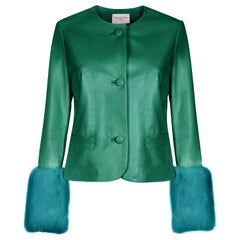 Used Verheyen Vita Cropped Jacket in Emerald Green Leather with Faux Fur - Size uk 12