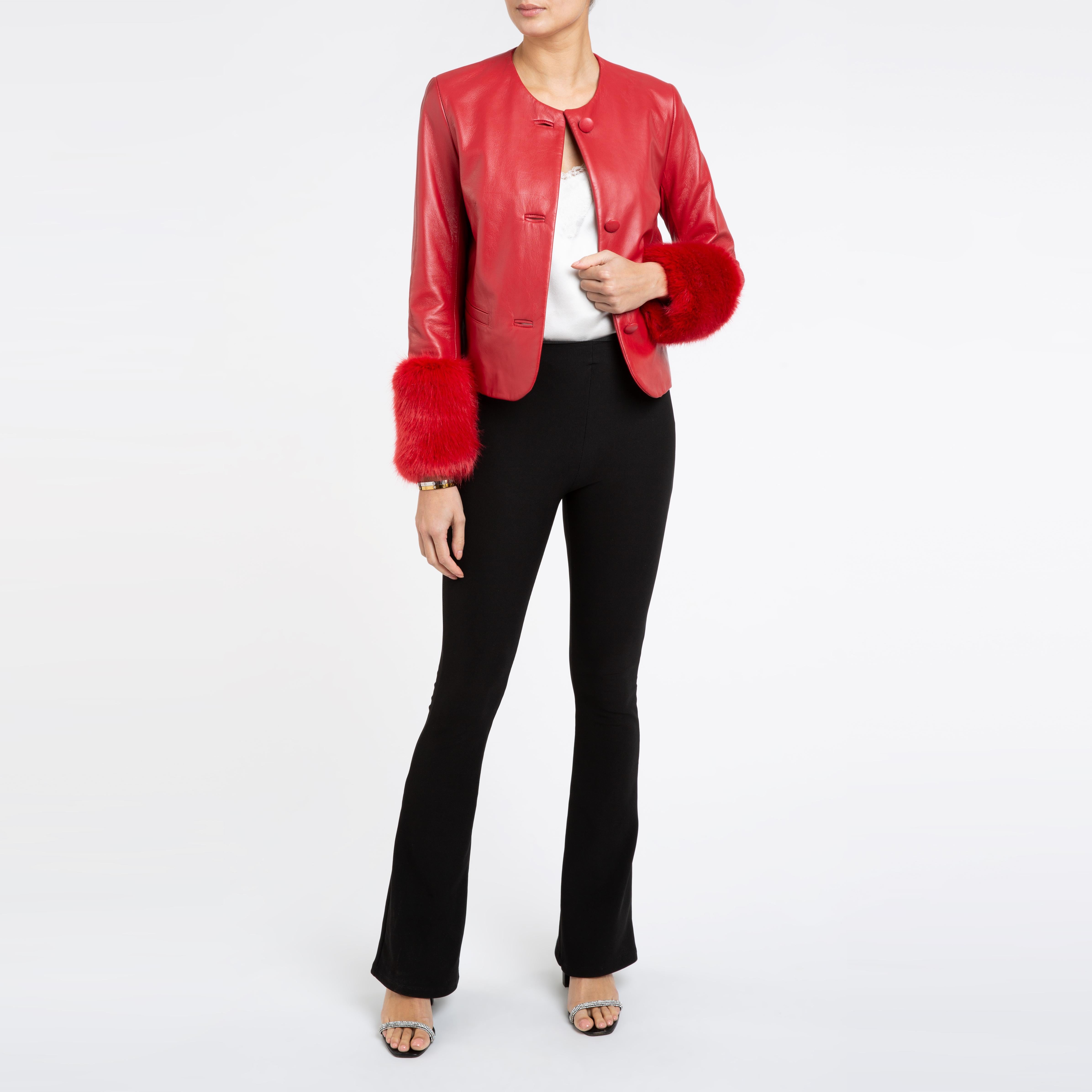 Verheyen Vita - Veste courte en cuir rouge avec fausse fourrure - Taille UK 10 en vente 5