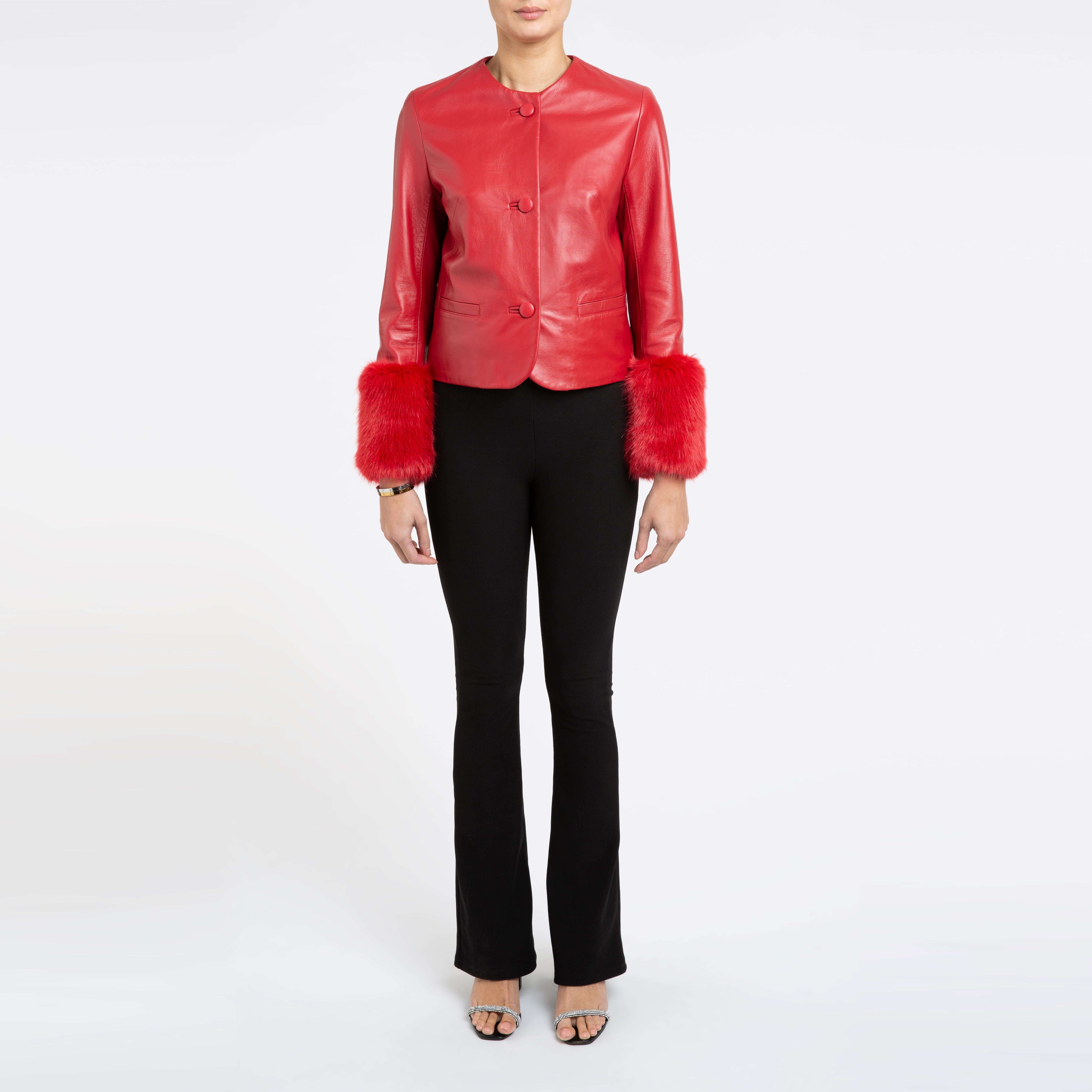 Verheyen Vita Cropped Jacket in Red Leather with Faux Fur - Size uk 10 3