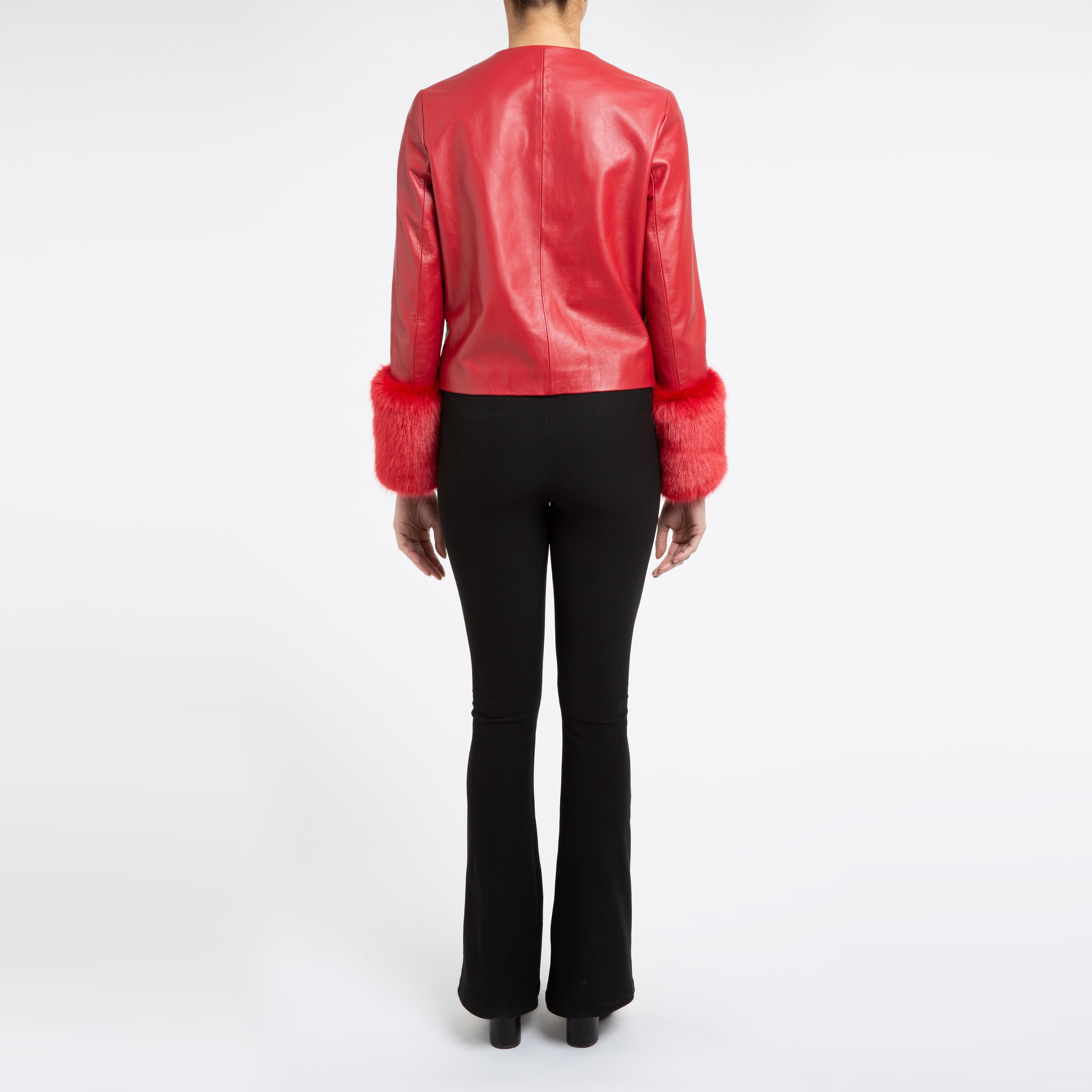 Verheyen Vita Cropped Jacket in Red Leather with Faux Fur - Size uk 10 4