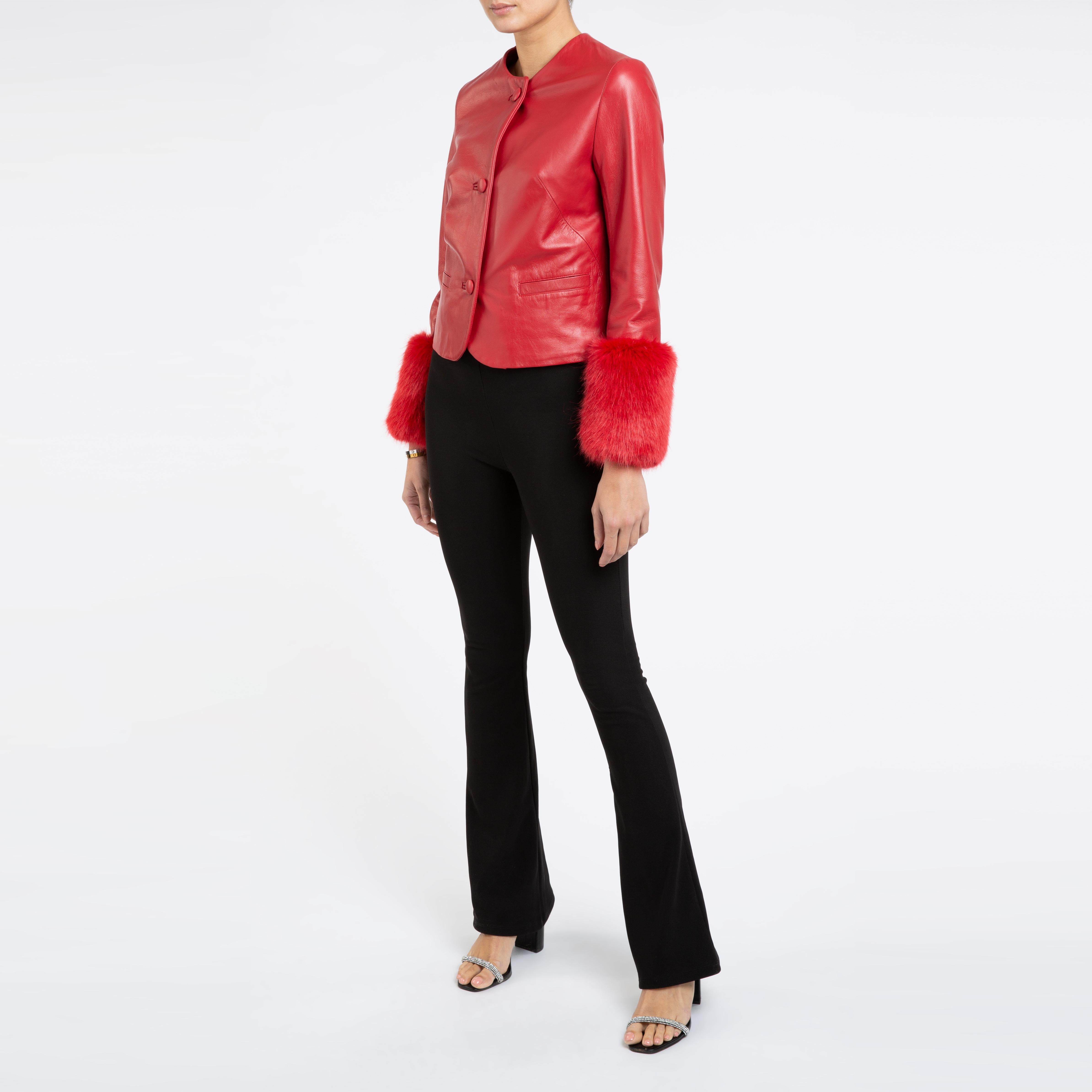 Verheyen Vita Cropped Jacket in Red Leather with Faux Fur - Size uk 10 5