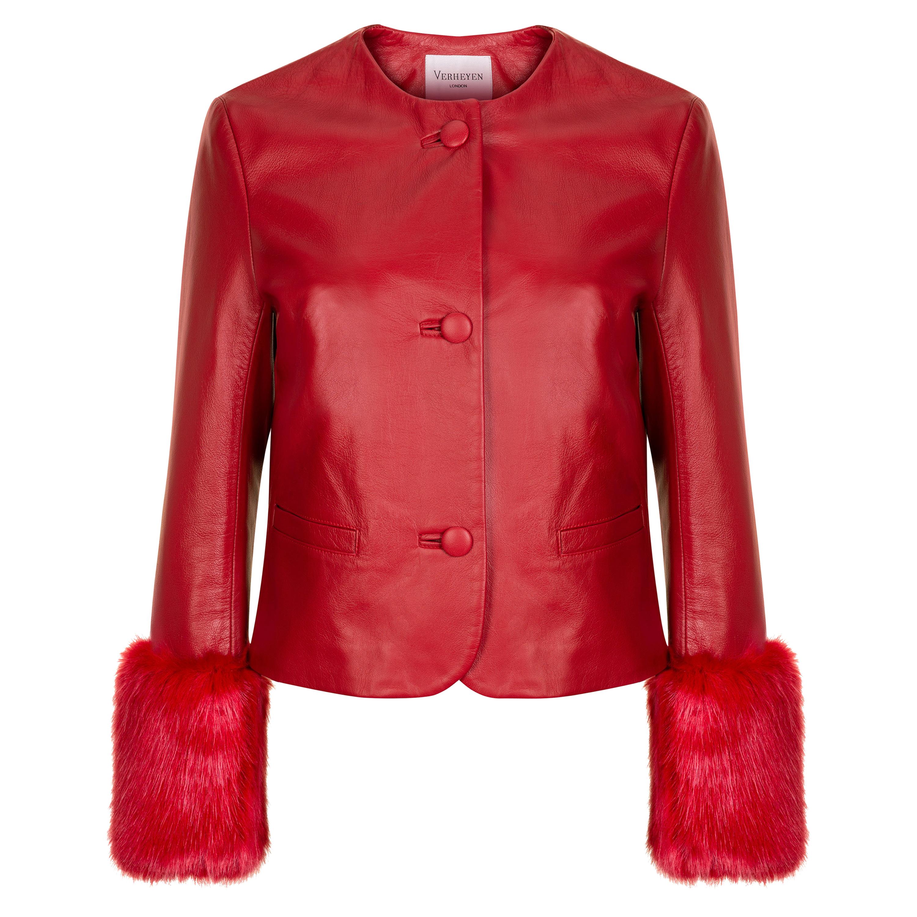Verheyen Vita Cropped Jacket in Red Leather with Faux Fur - Size uk 10 For Sale