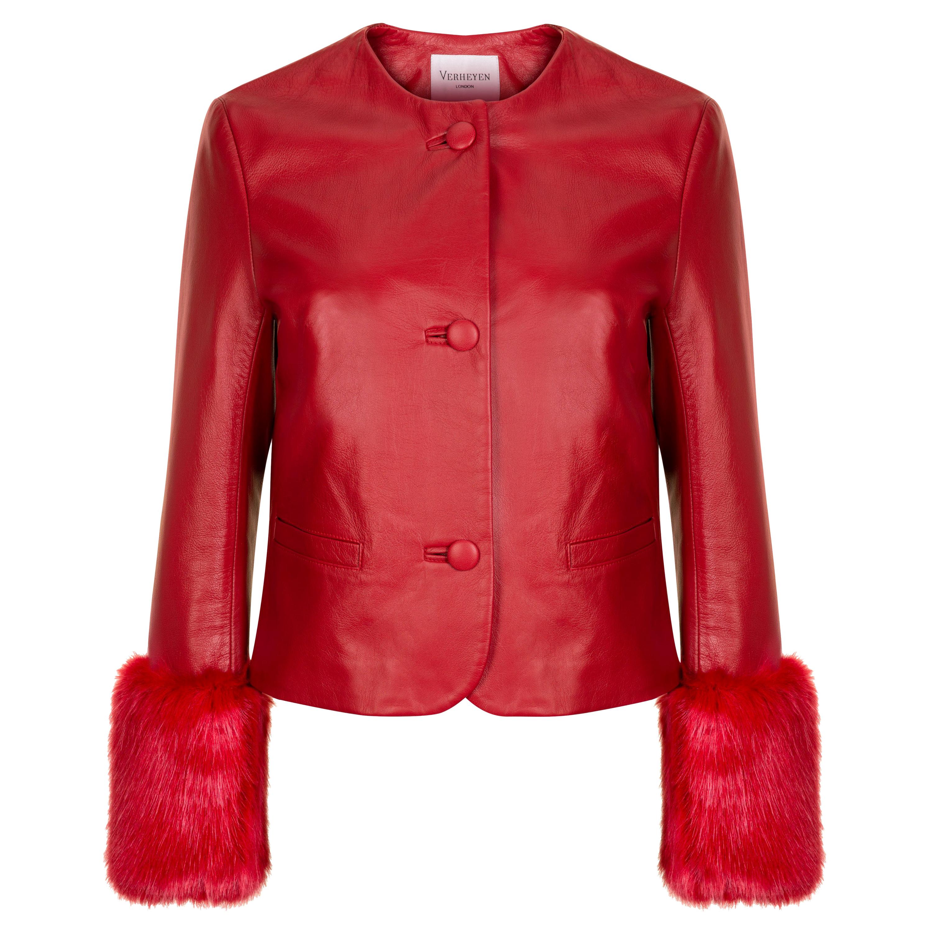 Verheyen Vita Cropped Jacket in Red Leather with Faux Fur - Size uk 10