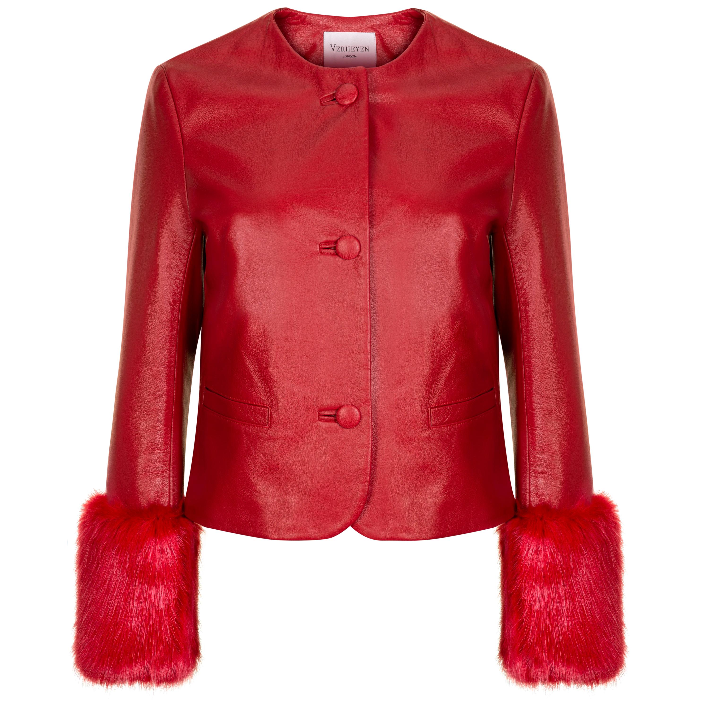 Verheyen Vita - Veste courte en cuir rouge avec fausse fourrure - Taille UK 6 en vente