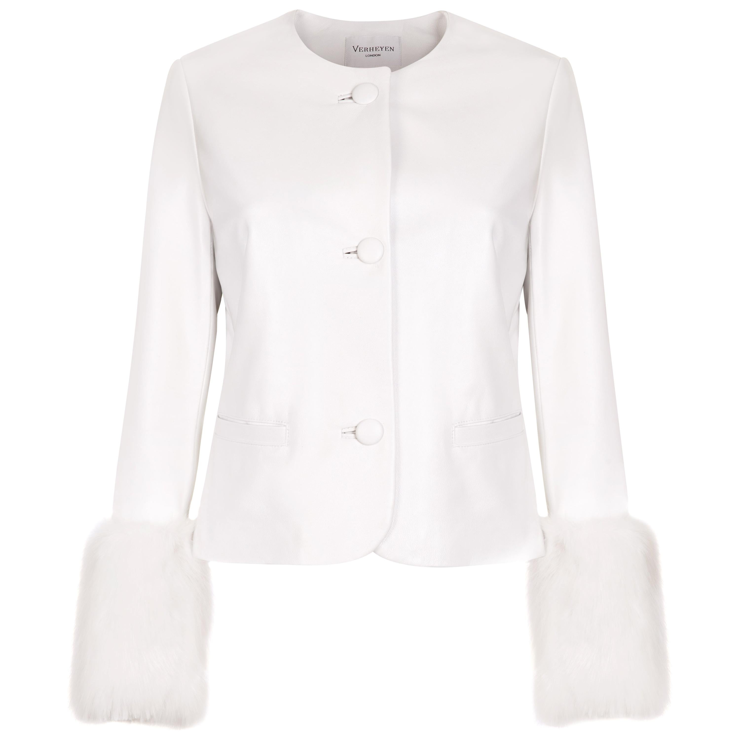 Verheyen Vita Cropped Jacke aus weißem Leder mit Kunstpelz - Größe Uk 10