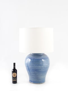Verigated Blue Glaze Jar Lamp Wired With Linen Shade