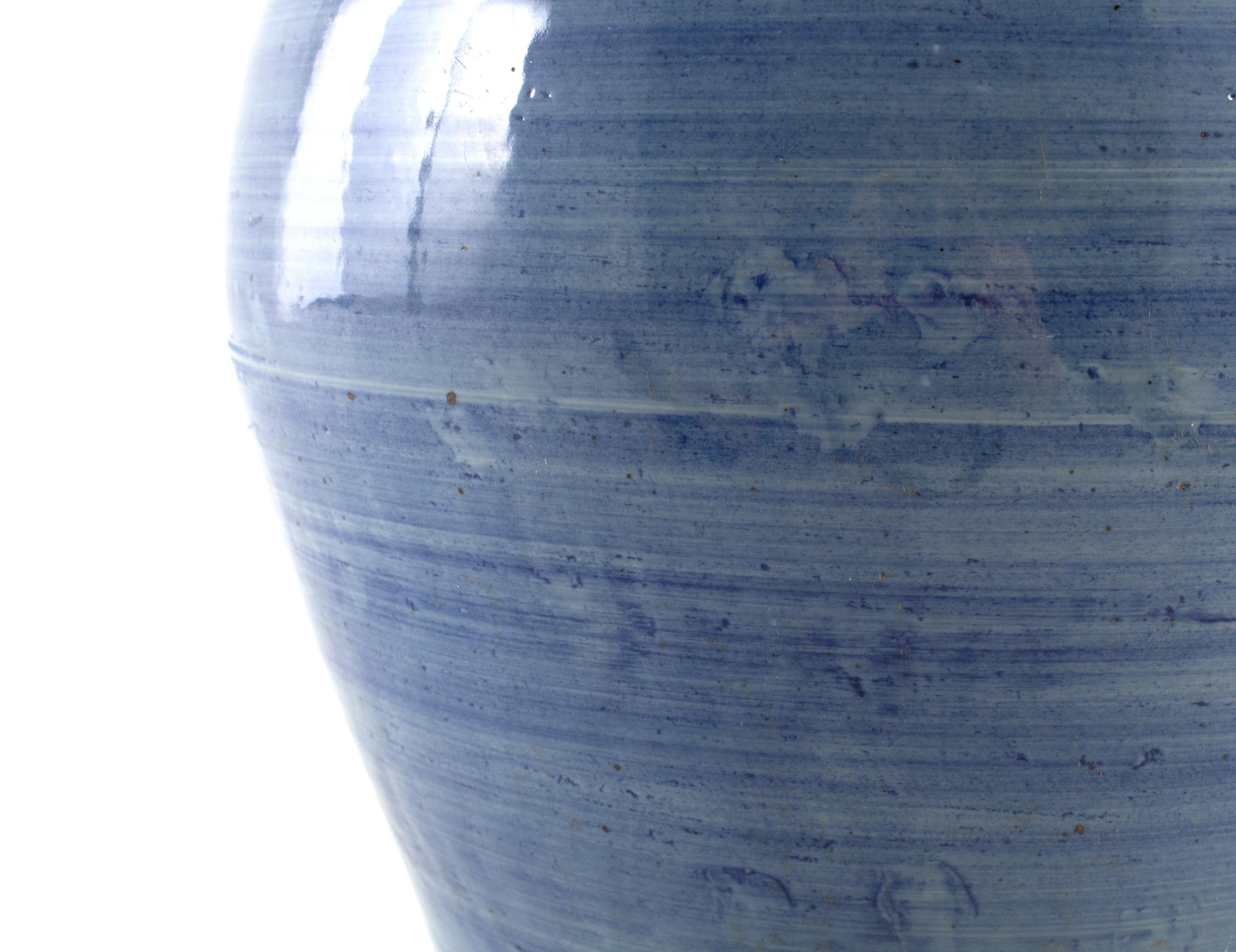 Other Verigated Blue Glaze Jar Lamp Wired With Linen Shade