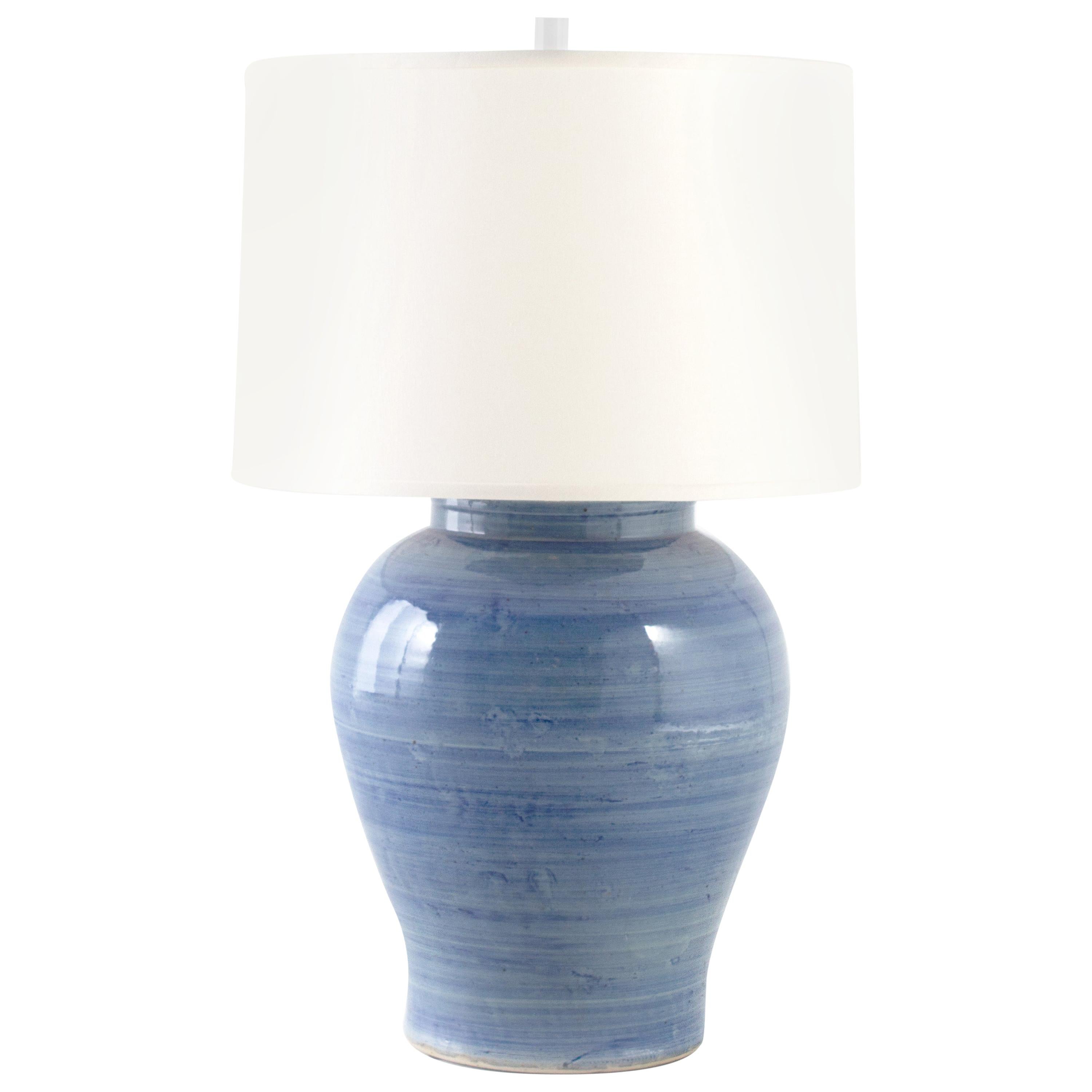 Verigated Blue Glaze Jar Lamp Wired With Linen Shade