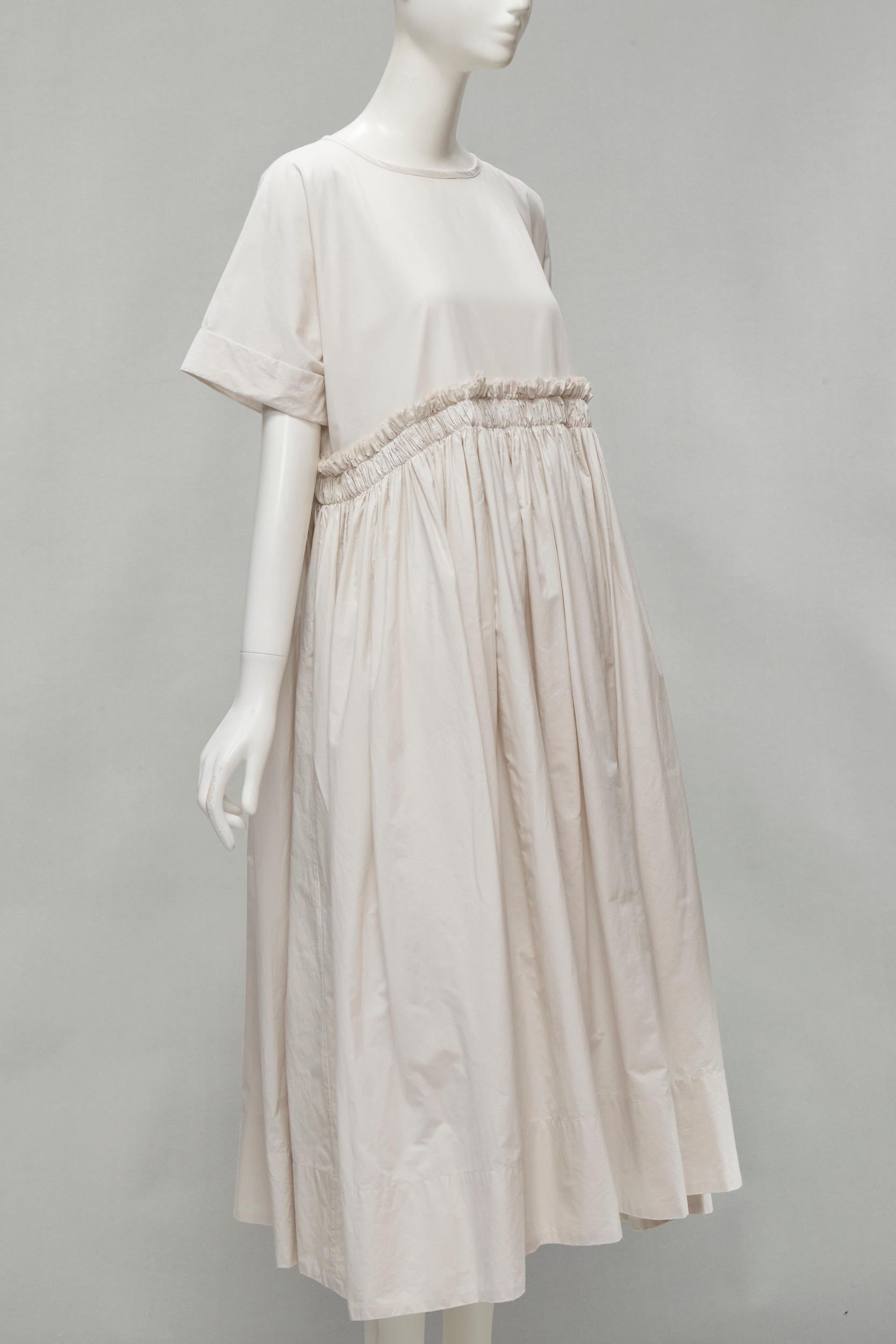 Gray VERITECOEUR cotton stone grey gather waist rolled sleeve round neck flared dress For Sale