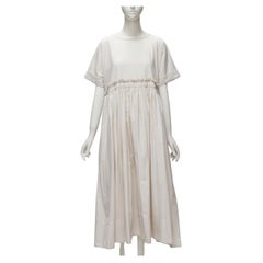 VERITECOEUR cotton stone grey gather waist rolled sleeve round neck flared dress