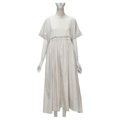 VERITECOEUR Baumwolle steingrau Raffung Taille gerollt Ärmel Rundhalsausschnitt ausgestelltes Kleid