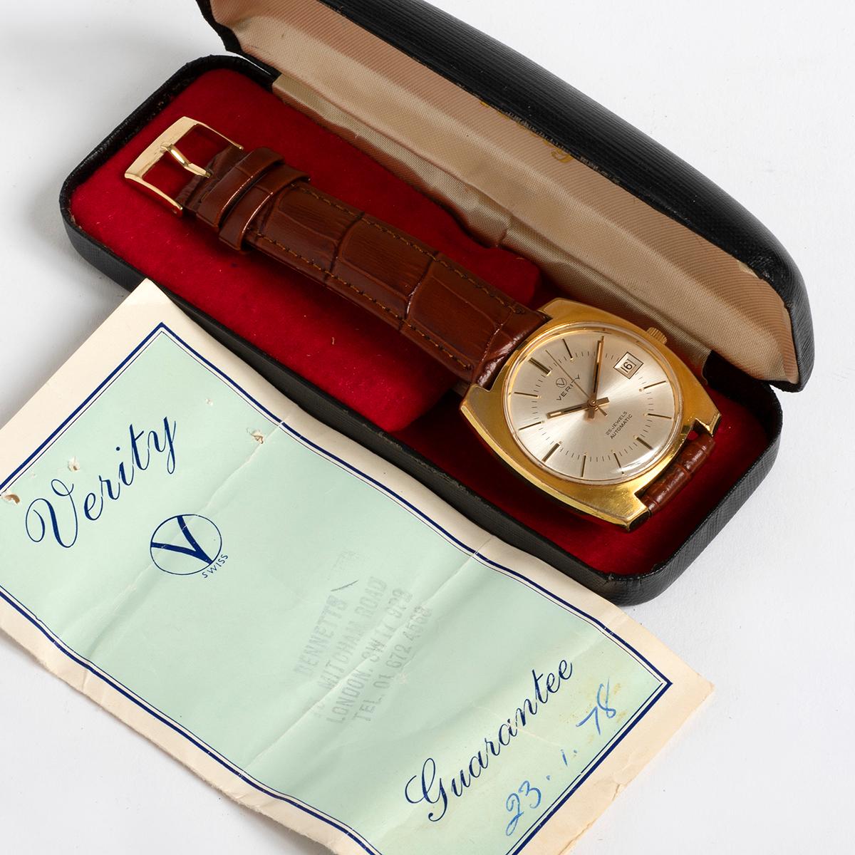 Women's or Men's Verity Swiss Automatic Date Wristwatch 21001, Box & Papers, London Retail, 1978
