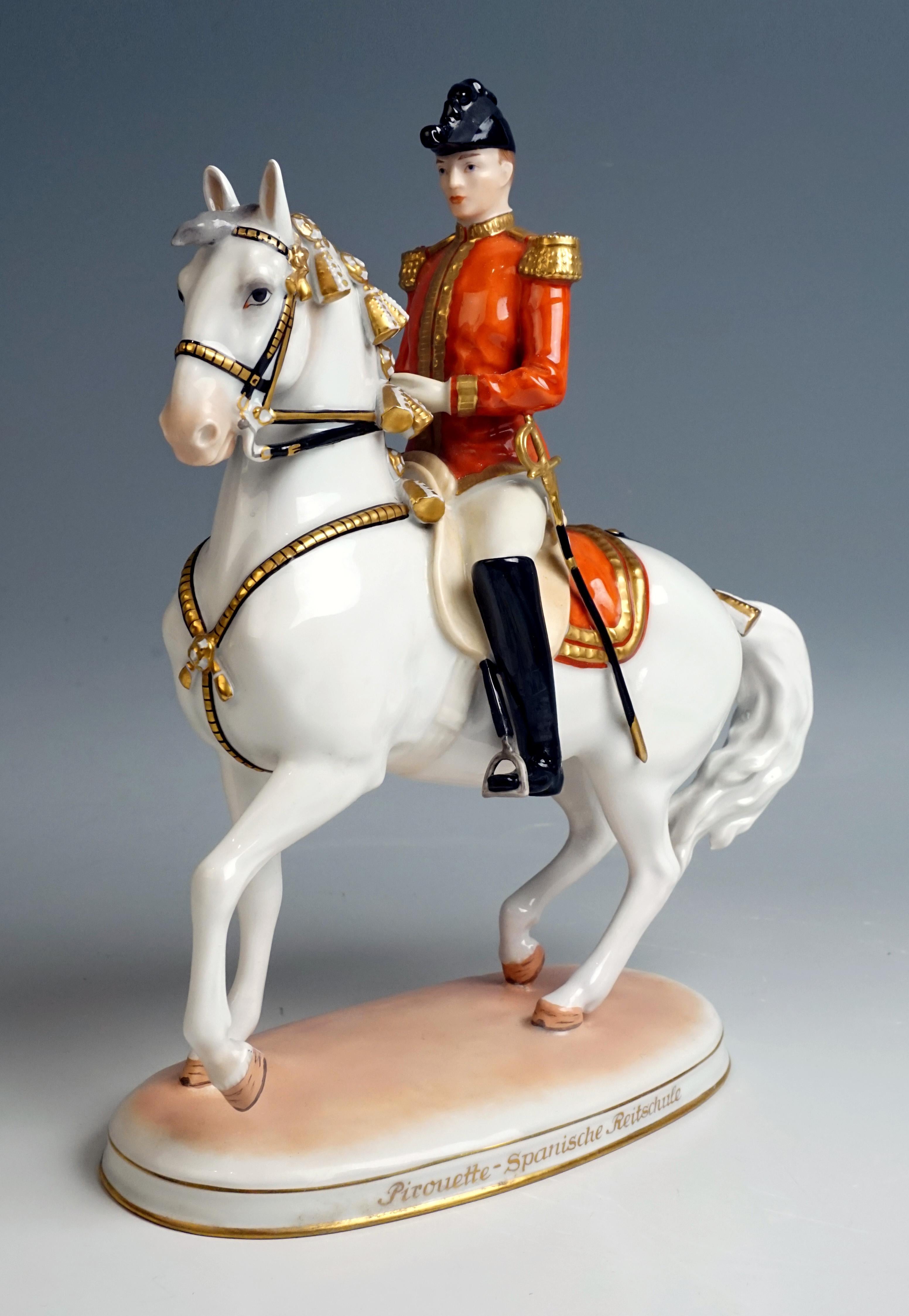 Vienna Augarten Horse Spanish Riding School
Figure type: 'Pirouette'

The seated rider leads the striding horse with the reins; he has a sword attached to his side, the rider's red jacket is decorated with a gold button hem and epaulets. The