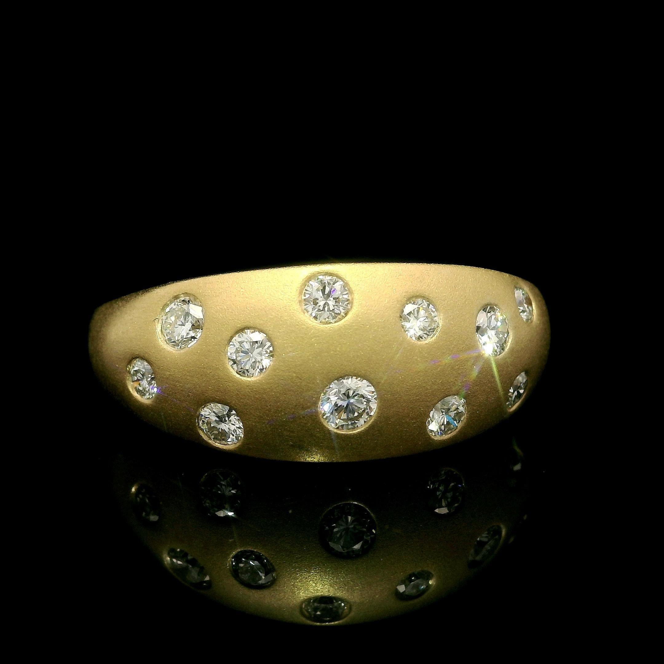 --Stone(s):--
(11) Natural Genuine Diamonds - Round Brilliant Cut - Flush Burnish Set - F/G Color - VS1/VS2 Clarity
Total Carat Weight: 0.65 (approx.)

Material: Solid 18k Yellow Gold
Weight: 4.46 Grams
Ring Size: 10.5 (Fitted on a finger. We can