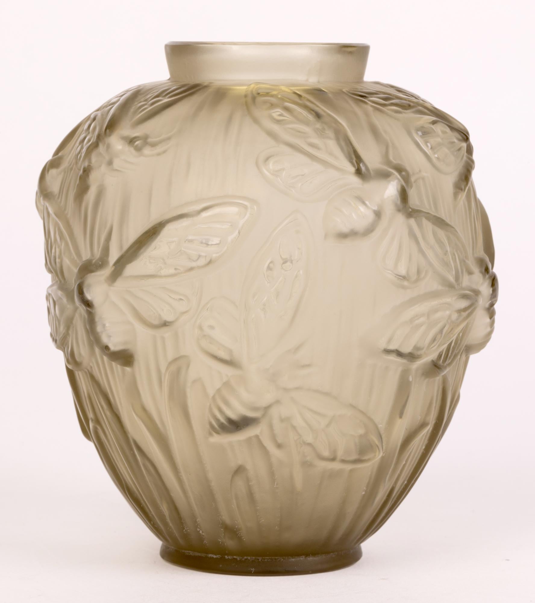 Verlys French Art Deco Les Phalenes Brown Tinted Art Glass Vase 2
