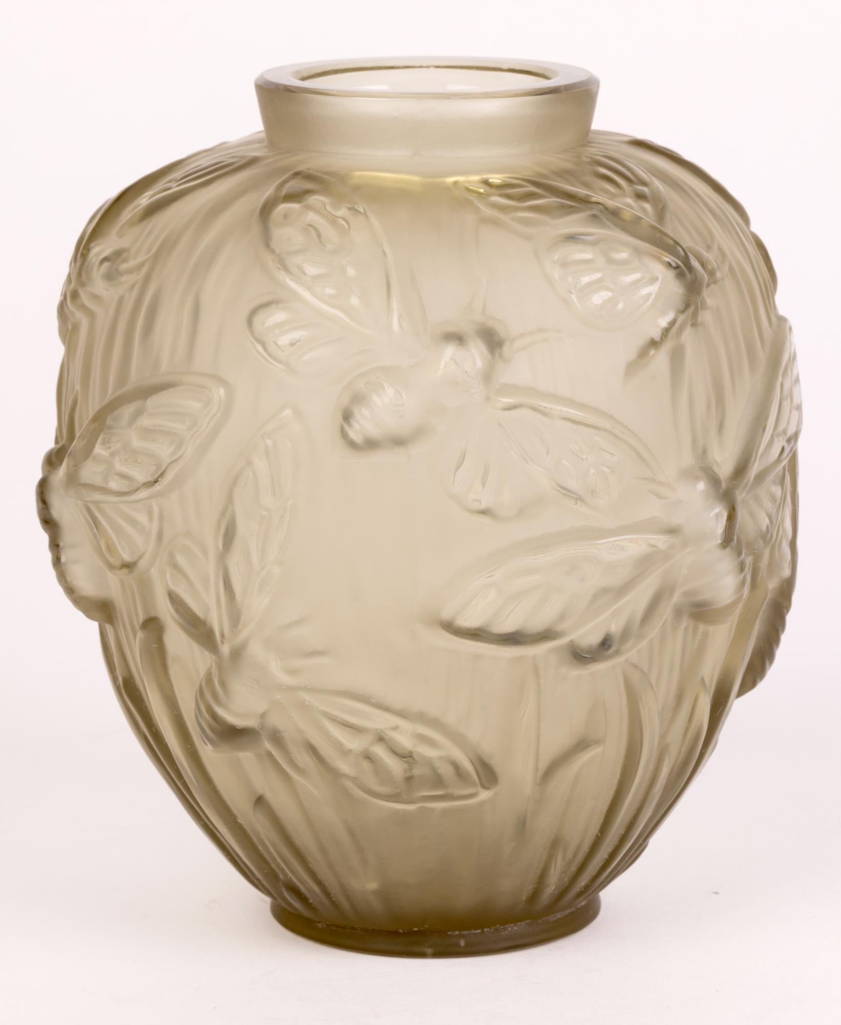 Verlys French Art Deco Les Phalenes Brown Tinted Art Glass Vase 4