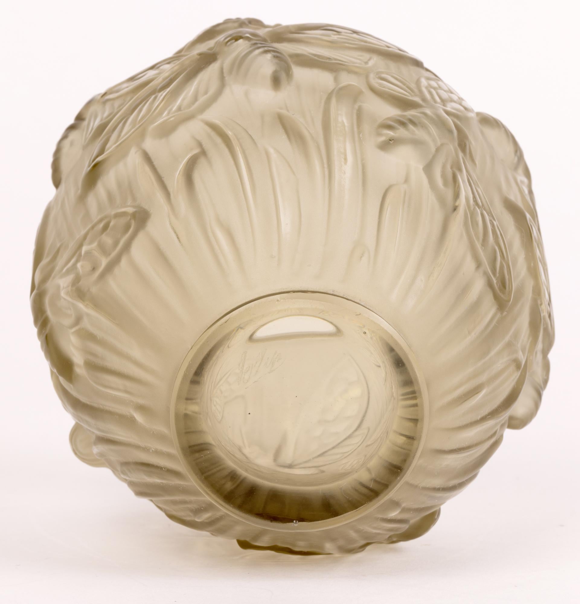 Verlys French Art Deco Les Phalenes Brown Tinted Art Glass Vase 6