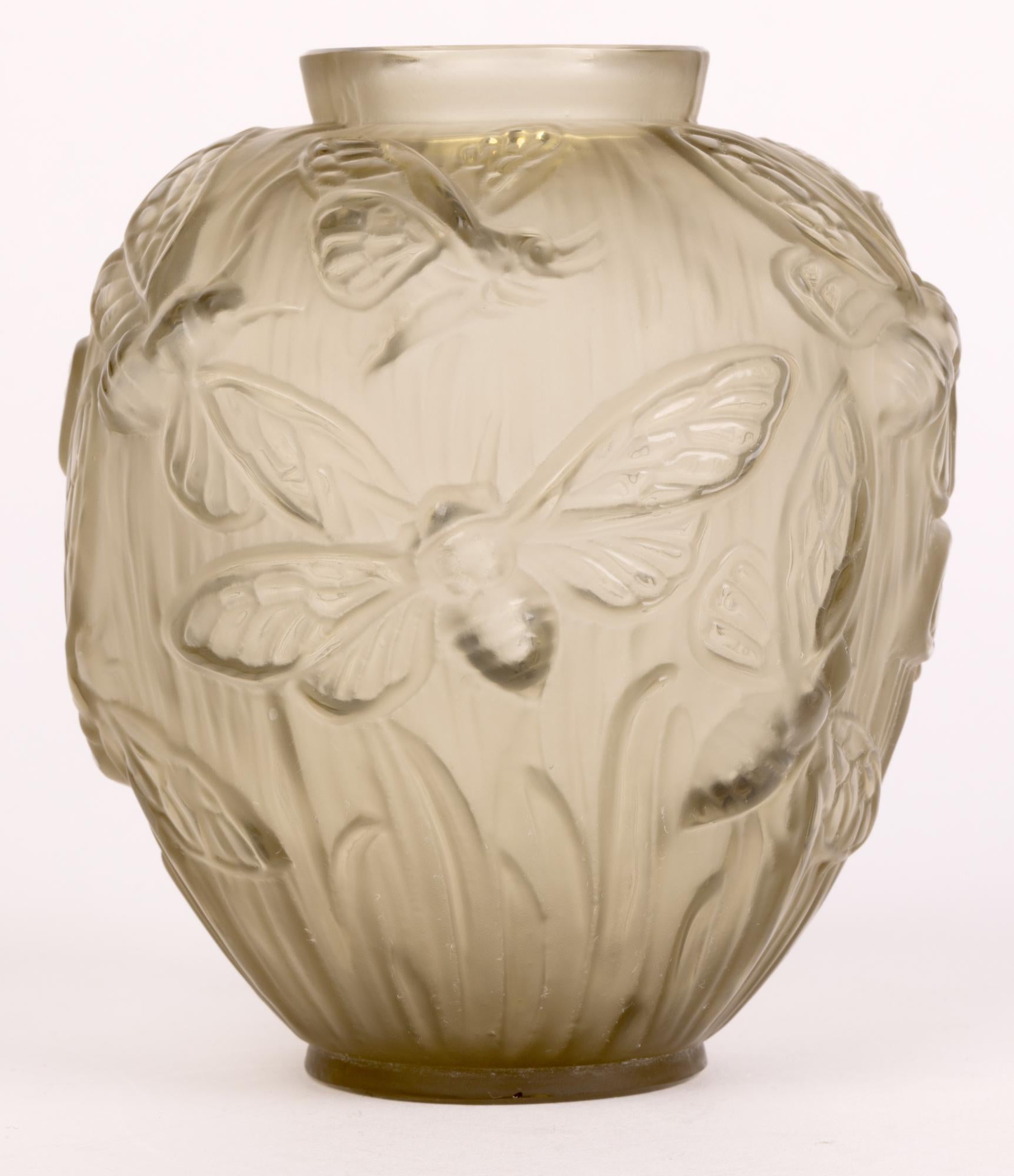 Verlys French Art Deco Les Phalenes Brown Tinted Art Glass Vase 7
