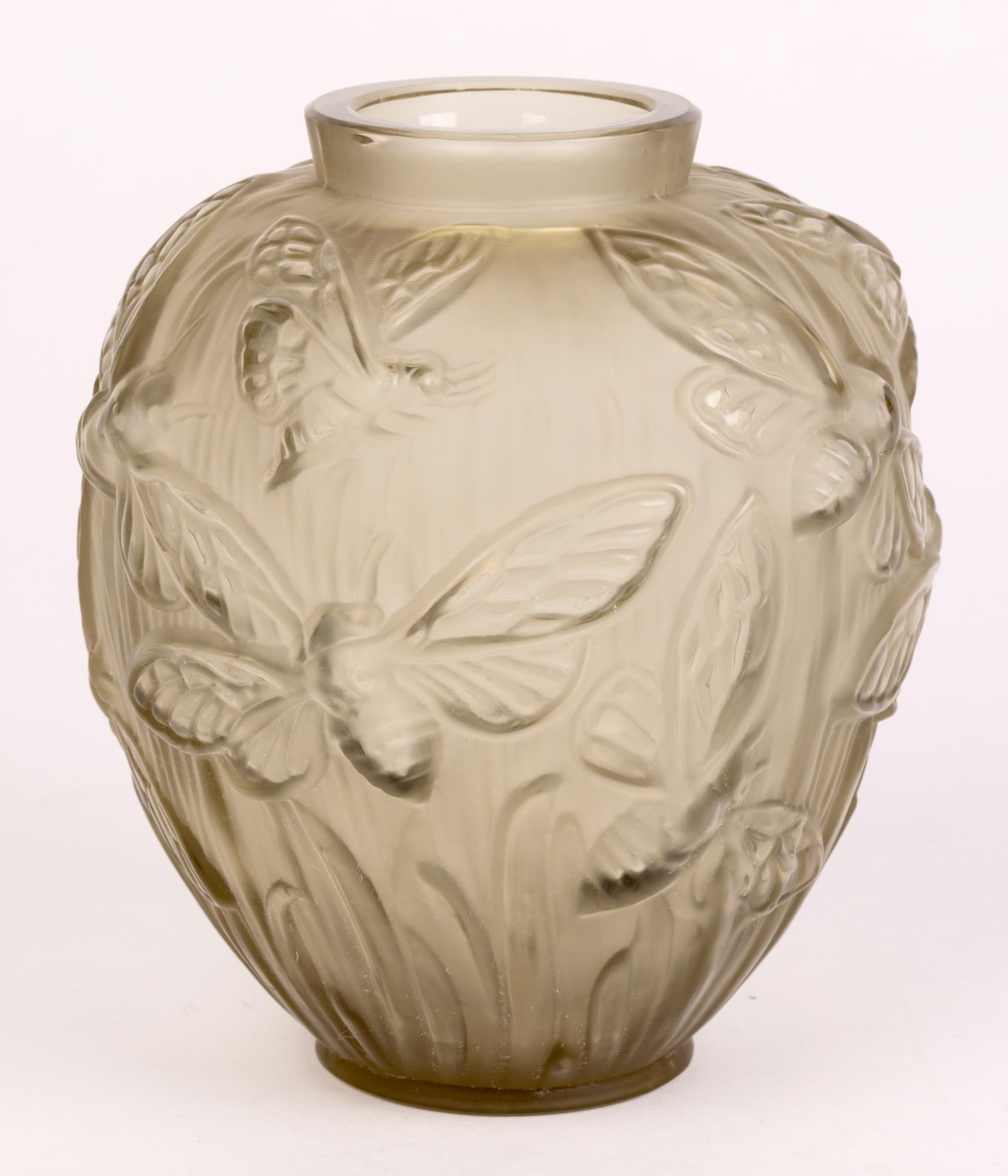 Verlys French Art Deco Les Phalenes Brown Tinted Art Glass Vase 9