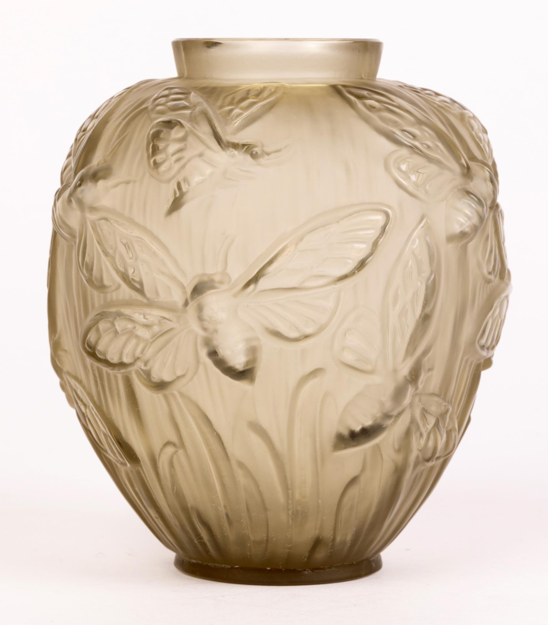 Verlys French Art Deco Les Phalenes Brown Tinted Art Glass Vase 10