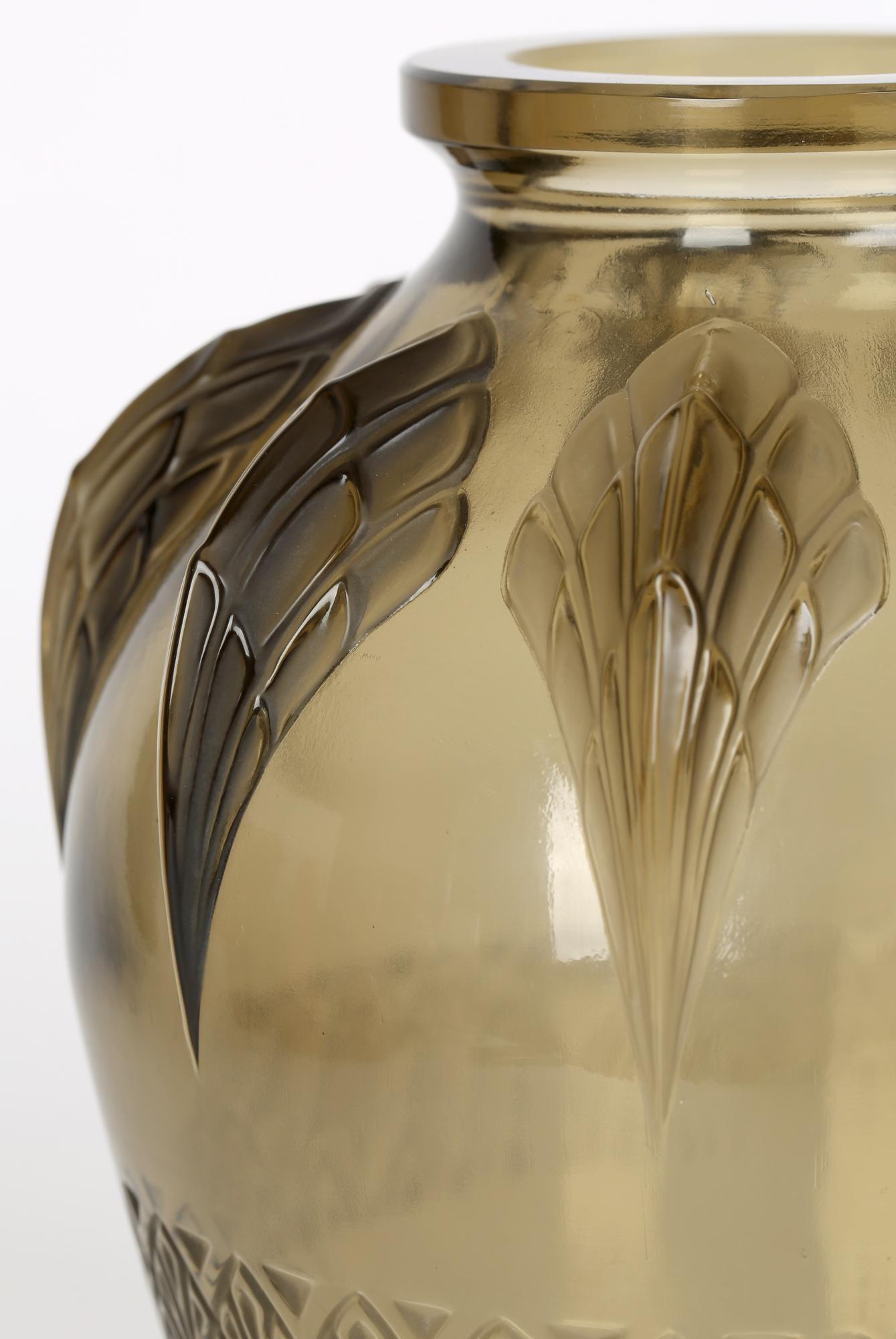 Verlys French Art Deco Stylized Bird Wing Brown Tinted Art Glass Vase For Sale 1
