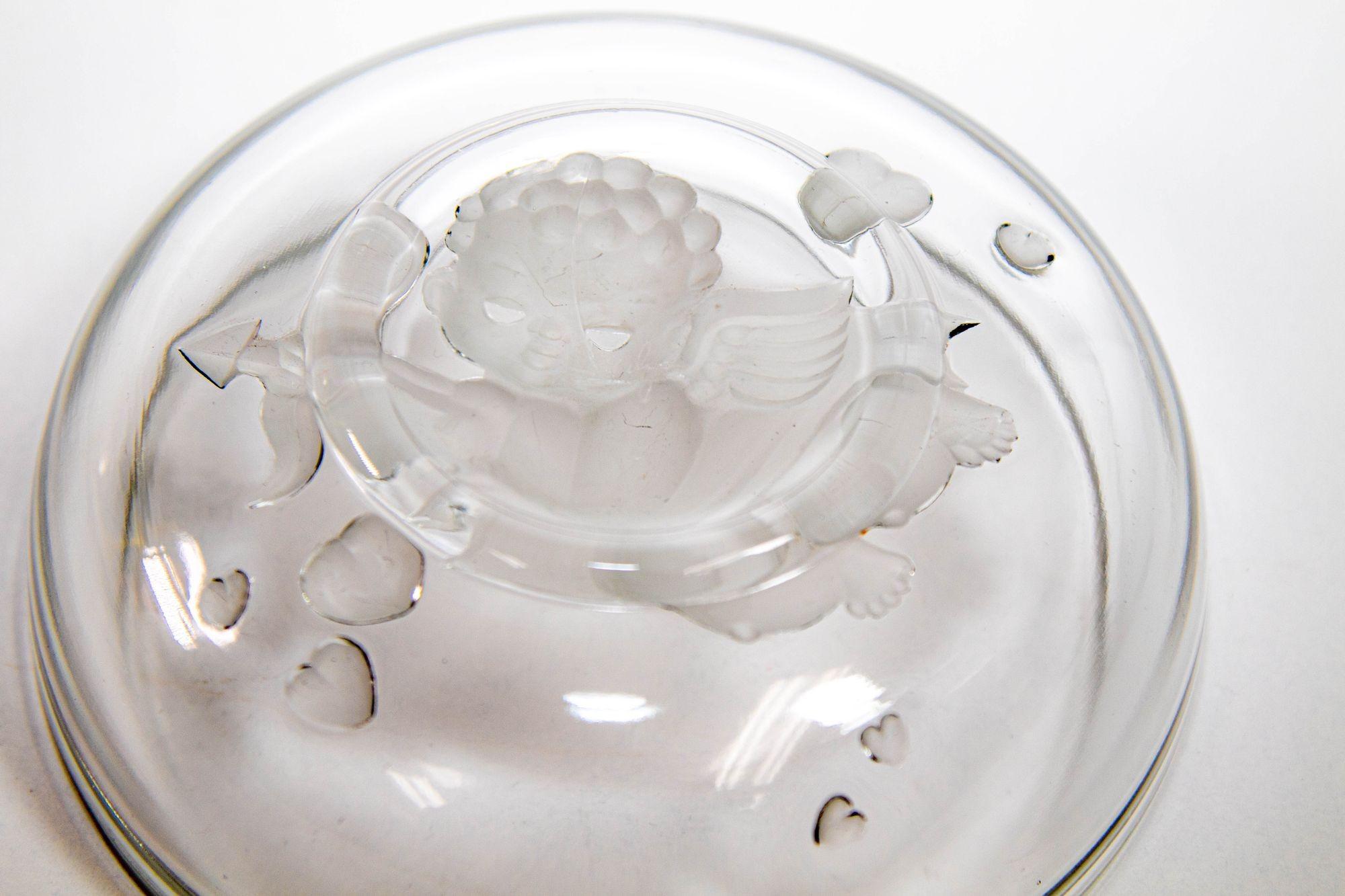 20th Century VERLYS Glass Crystal Bowl with Cupid Cherub Angel with a Bow and Hearts Design For Sale