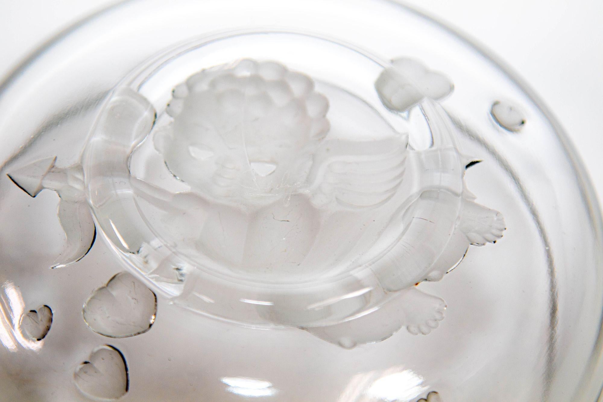 Art Glass VERLYS Glass Crystal Bowl with Cupid Cherub Angel with a Bow and Hearts Design For Sale