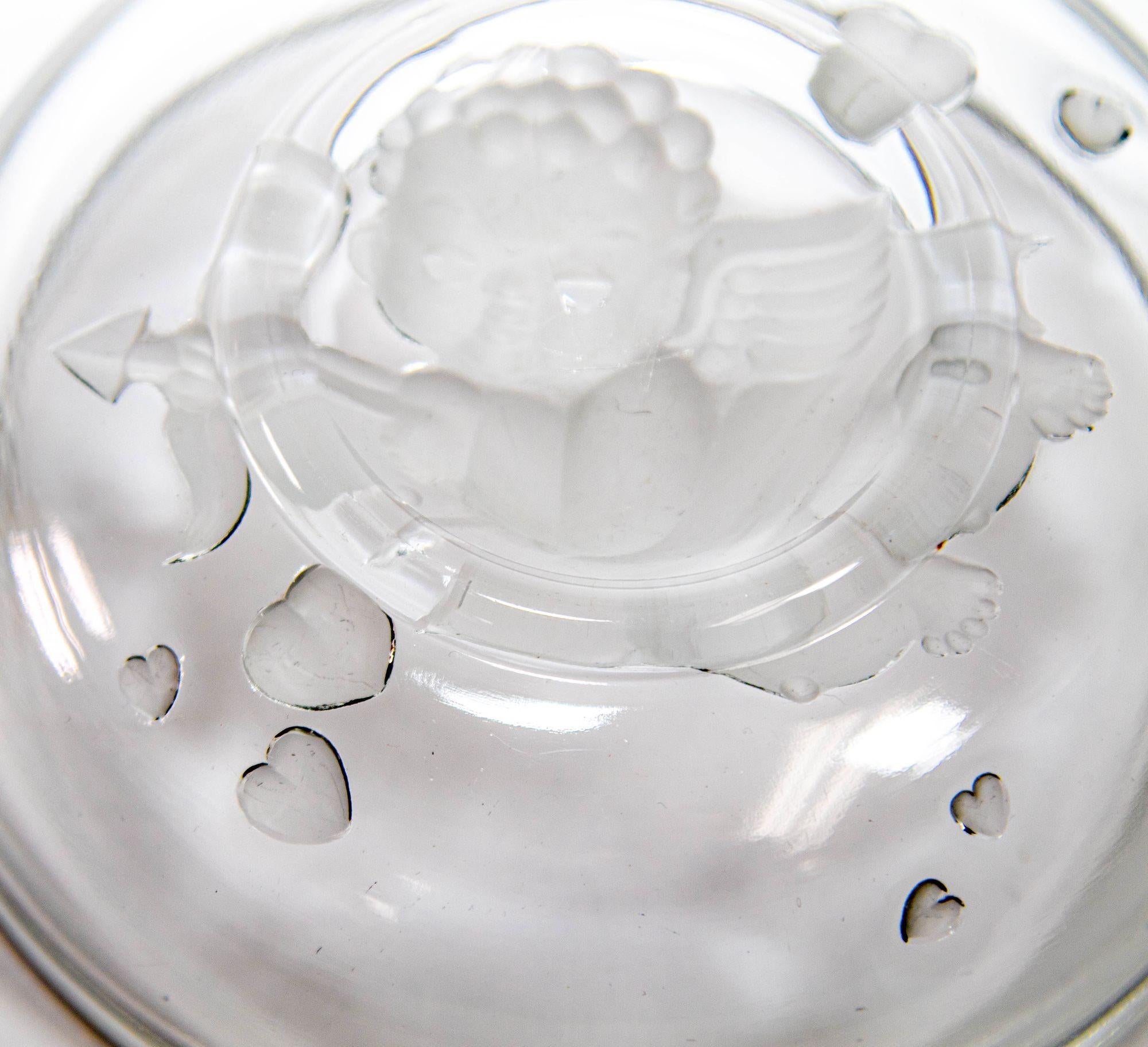 VERLYS Glass Crystal Bowl with Cupid Cherub Angel with a Bow and Hearts Design For Sale 1