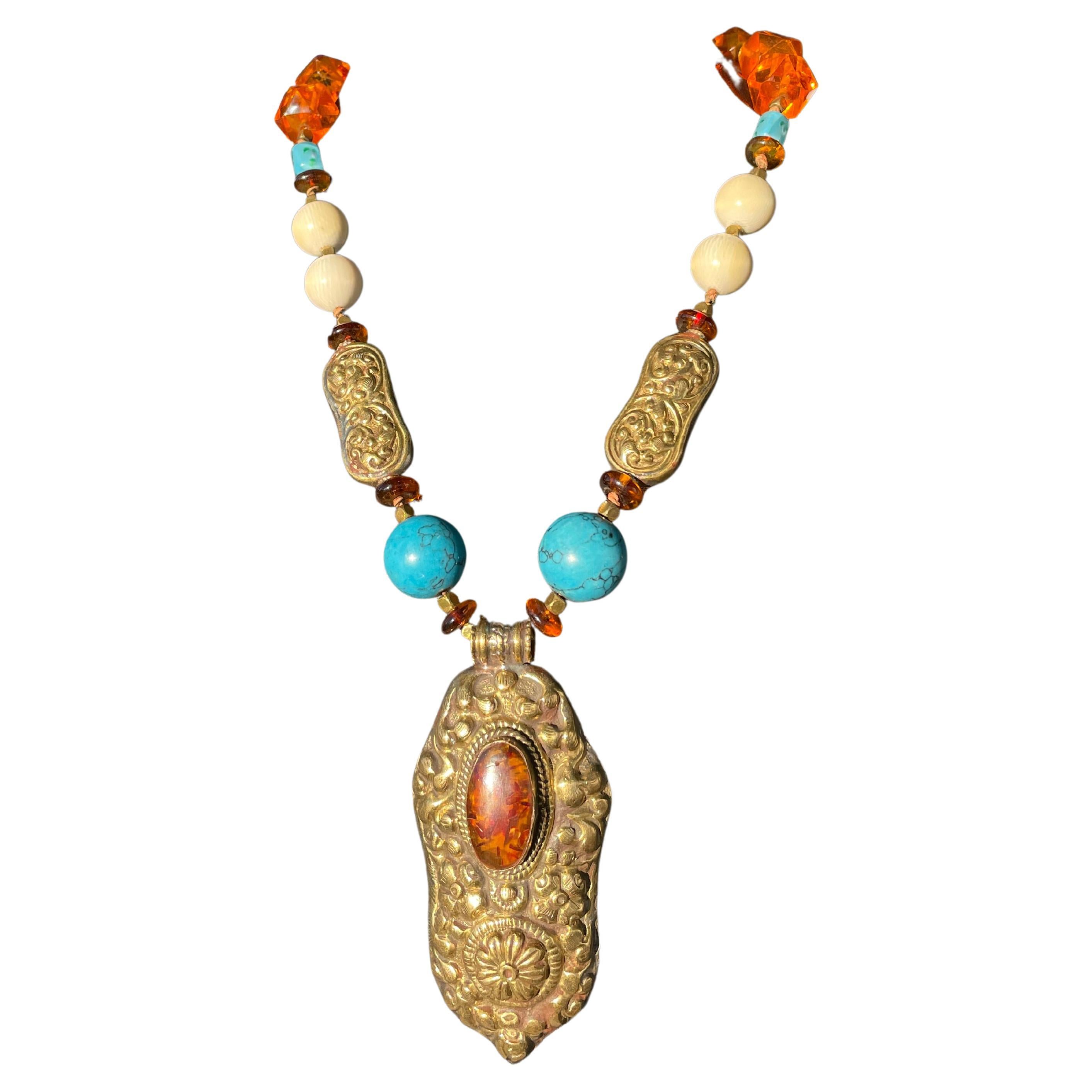 Vermeil , amber, Tibetan pendant necklace that’s one of a kind, handmade, statem For Sale